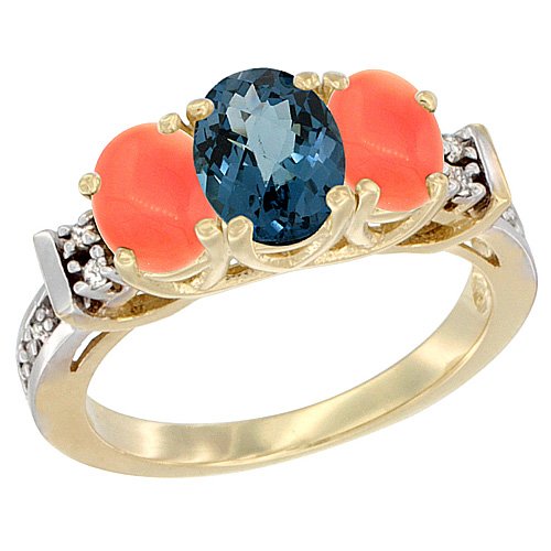14K Yellow Gold Natural London Blue Topaz & Coral Ring with 3-Stone Oval Diamond Accent - Elegant Jewelry for Weddings, Anniversaries & Special Occasions