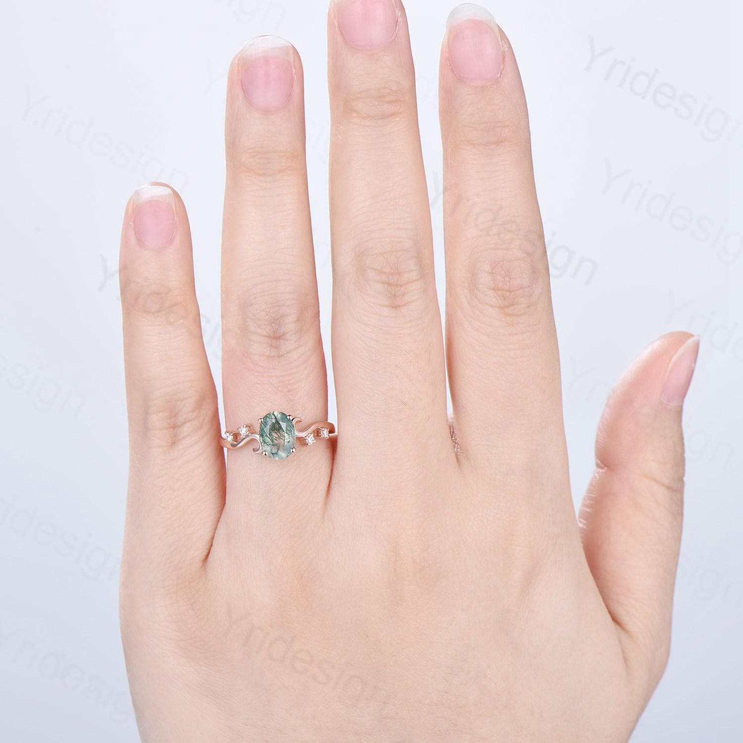 1.5CT Oval Natural Moss Agate Twist Engagement Ring in Sterling Silver & Rose Gold - Art Deco Wedding Band, Garden Jewelry, Birthstone Gift for Mom, Anniversary Present - Perfect for Proposals, Weddings & Special Occasions