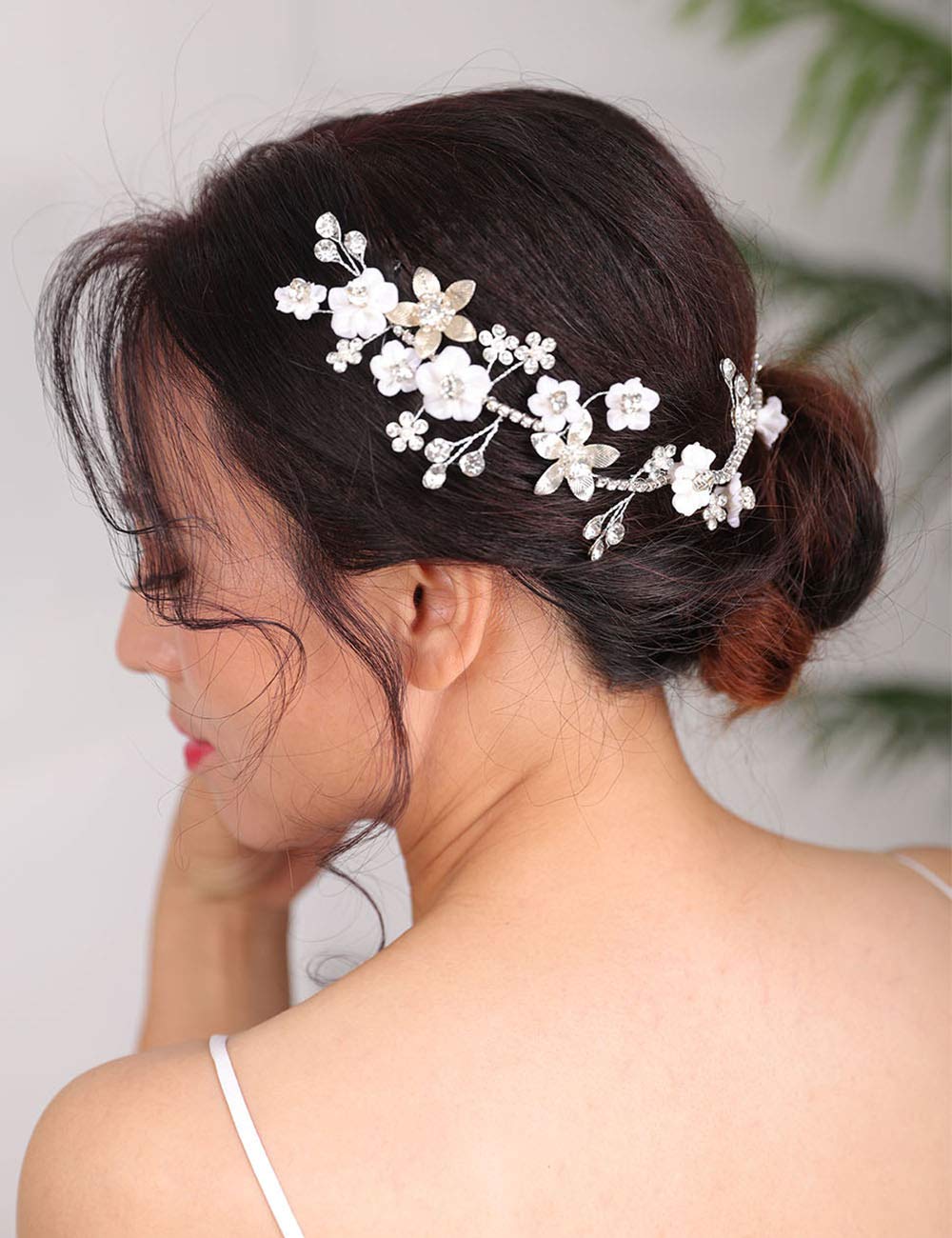 Denifery Silver Pearl Hair Vine Headband - Bridal Wedding Floral Hairpiece with Rhinestones, Leaves & Flowers for Women | Perfect for Weddings, Prom, Parties & Special Occasions