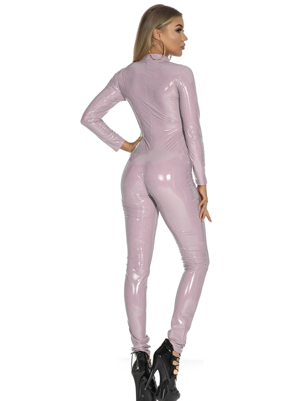 ZASUWA Women's Faux Leather Jumpsuit with Zipper - Glossy PU Material for Party, Night Out & Fashion Events