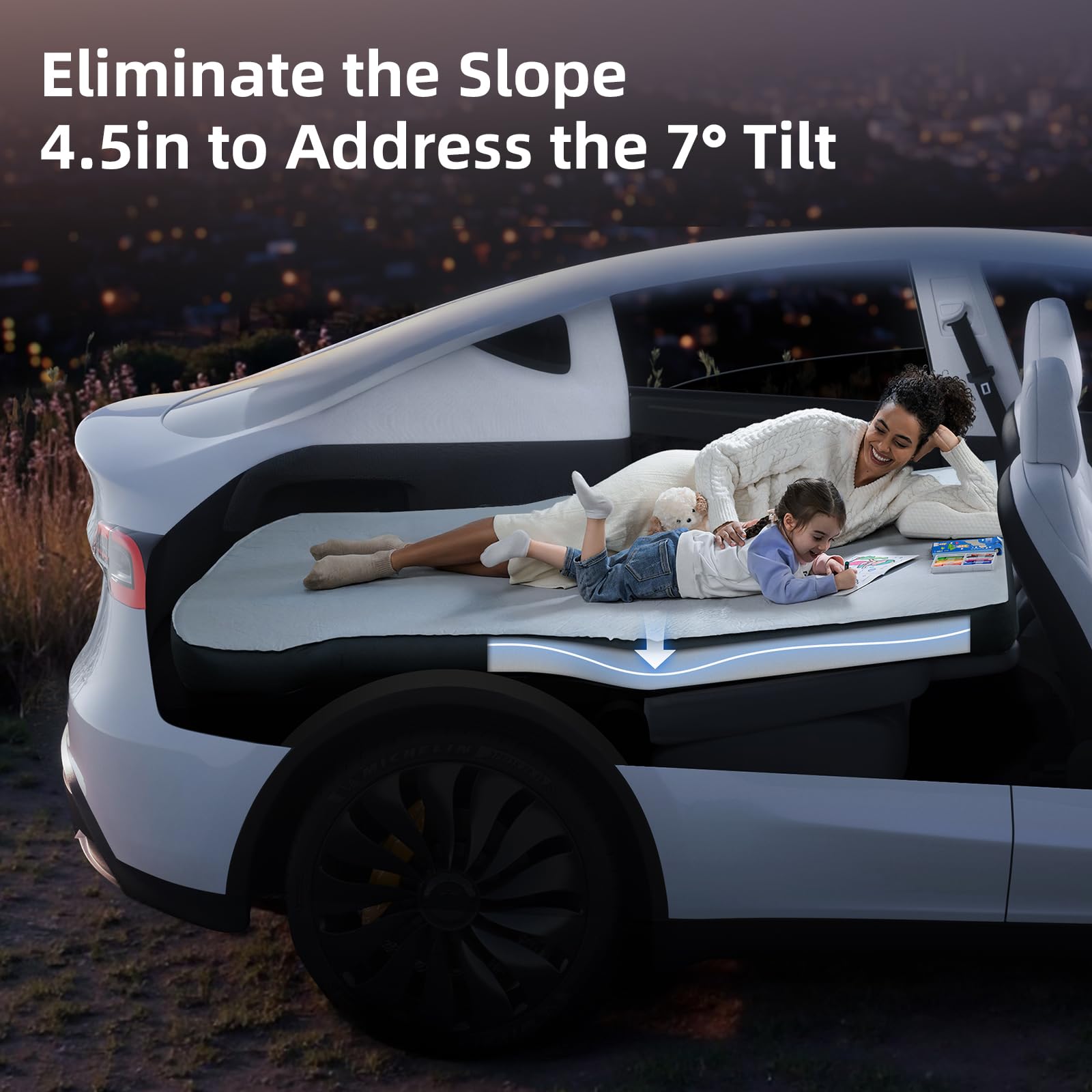 4.5 Inch Foam Mattress for Tesla Model S3XY - Full Size Bed with Vacuum Compression | Perfect for Road Trips, Camping, Job Shifts & Naps | Includes Cigarette Lighter Extension Cord & Eye Mask