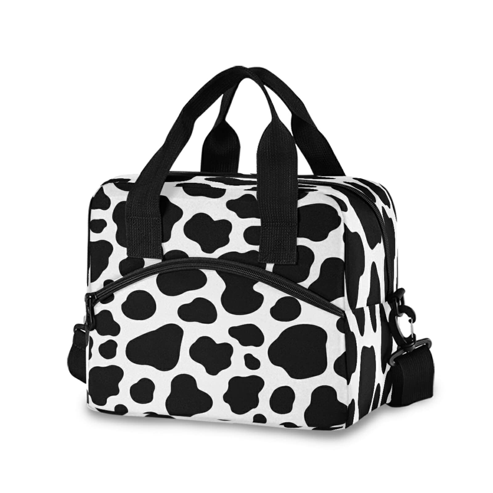 Insulated Reusable Lunch Bag with Cow Print - Eco-Friendly Cooler Tote for Women, Men & Kids - Perfect for School, Office, Picnic & Travel - Black Zippered Lunch Box Organizer