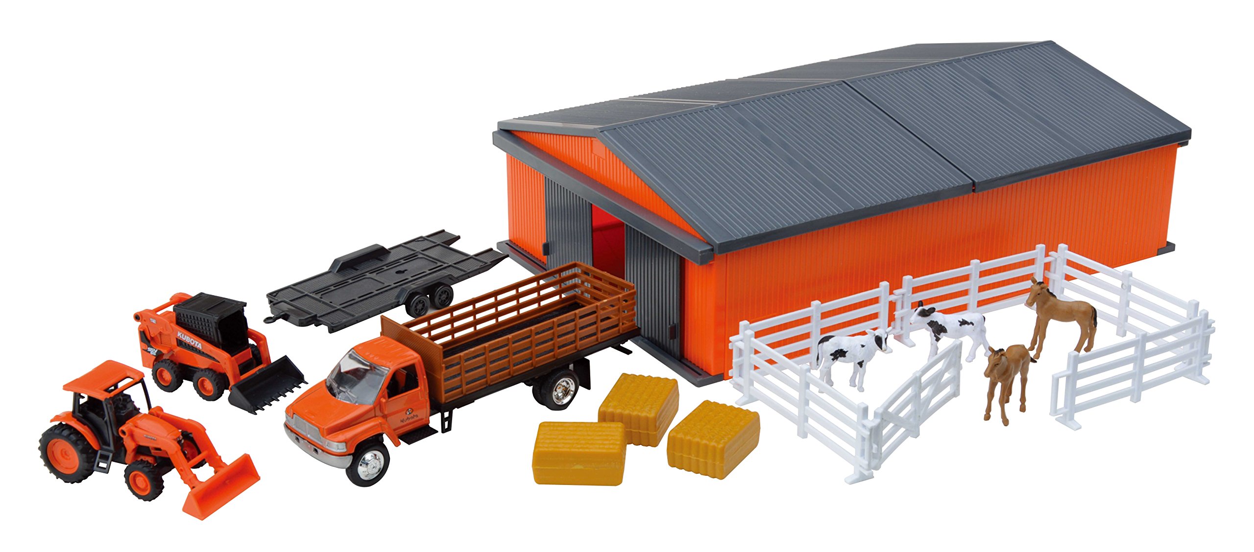 New Ray Kubota Farm Vehicles with Machine Shed Set - Realistic Toy Tractor & Farm Equipment Playset for Kids - Perfect for Imaginative Play, Farm-Themed Parties & Educational Learning