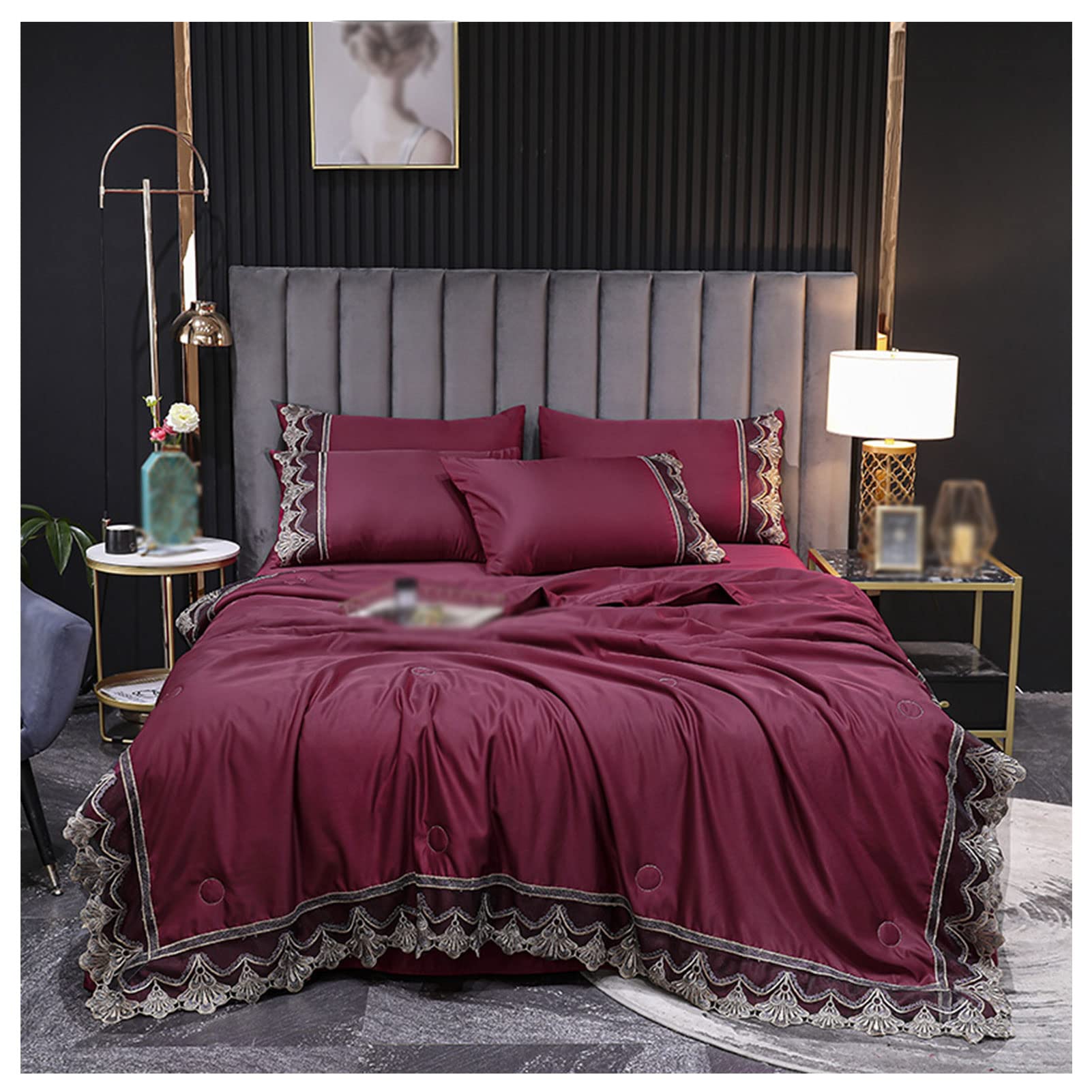 Luxury Wine Red Washed Silk Summer Cooling Quilt - Breathable Tencel Air Conditioning Blanket - 4-Piece Ice Silk Comforter Set for Adults & Teens (200x230cm) - Perfect for Hot Weather, Bedroom Decor & Gift Giving