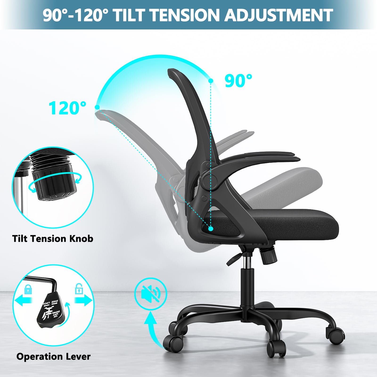 Ergonomic Home Office Chair with Lumbar Support & Breathable Mesh - Adjustable Flip-Up Arms, Modern Desk Chair for Work & Study - Perfect for Home Office, Gaming & Remote Work (Black)