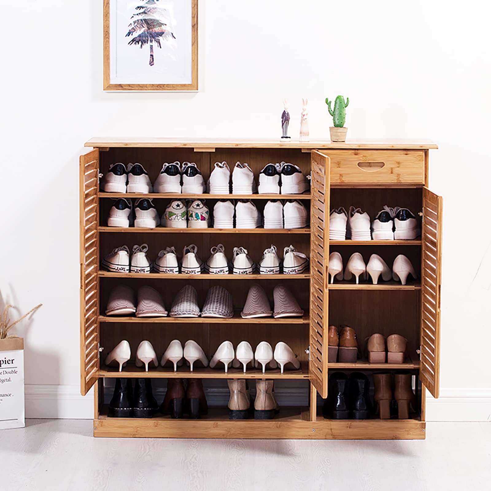 Bamboo Shoe Storage Cabinet with Doors - Rustic Entryway Shoe Organizer & Storage Solution for Hallway, Closet, and Mudroom Organization