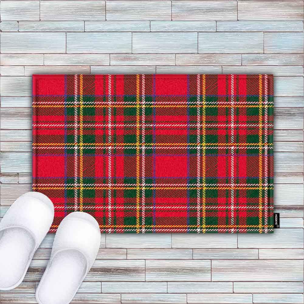 Premium Tartan Plaid Doormat - Soft Flannel Fabric with Thick Sponge - Red, Black, Green Scottish Christmas & New Year Decor - Ideal for Bathroom, Kitchen, Entryway & Holiday Home Decor