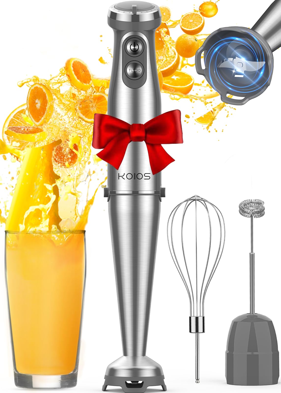 KOIOS 1000W 3-in-1 Immersion Hand Blender with 12 Speed Settings & Turbo Mode - Stainless Steel Anti-Scratch Blade, Whisk & Milk Frother Attachment - BPA-Free for Smoothies, Soups, Baby Food & Baking