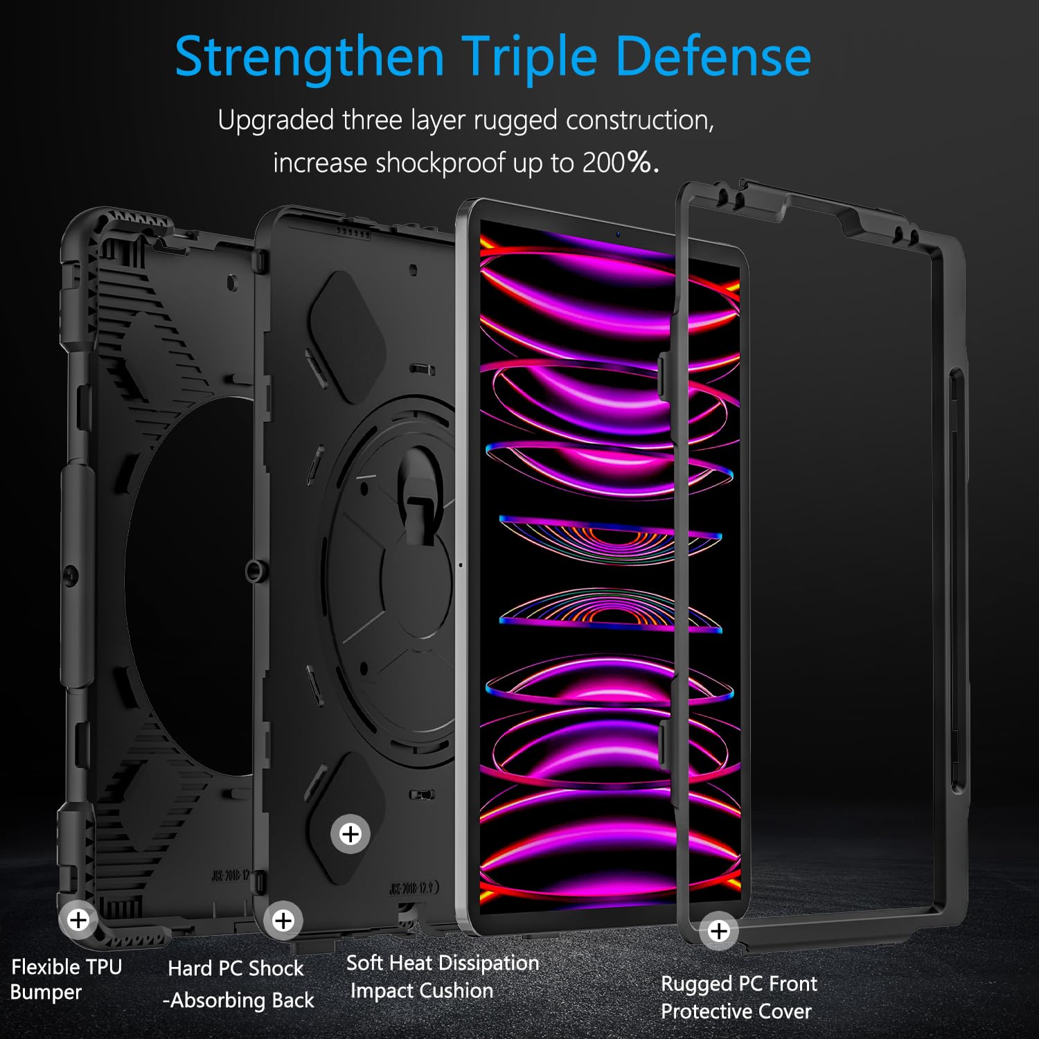Military Grade Shockproof iPad Pro 12.9 Case (6th/5th/4th Gen) - Rotating Stand with Pencil Holder & Adjustable Strap | Perfect for Work, Travel & Outdoor Use - Black