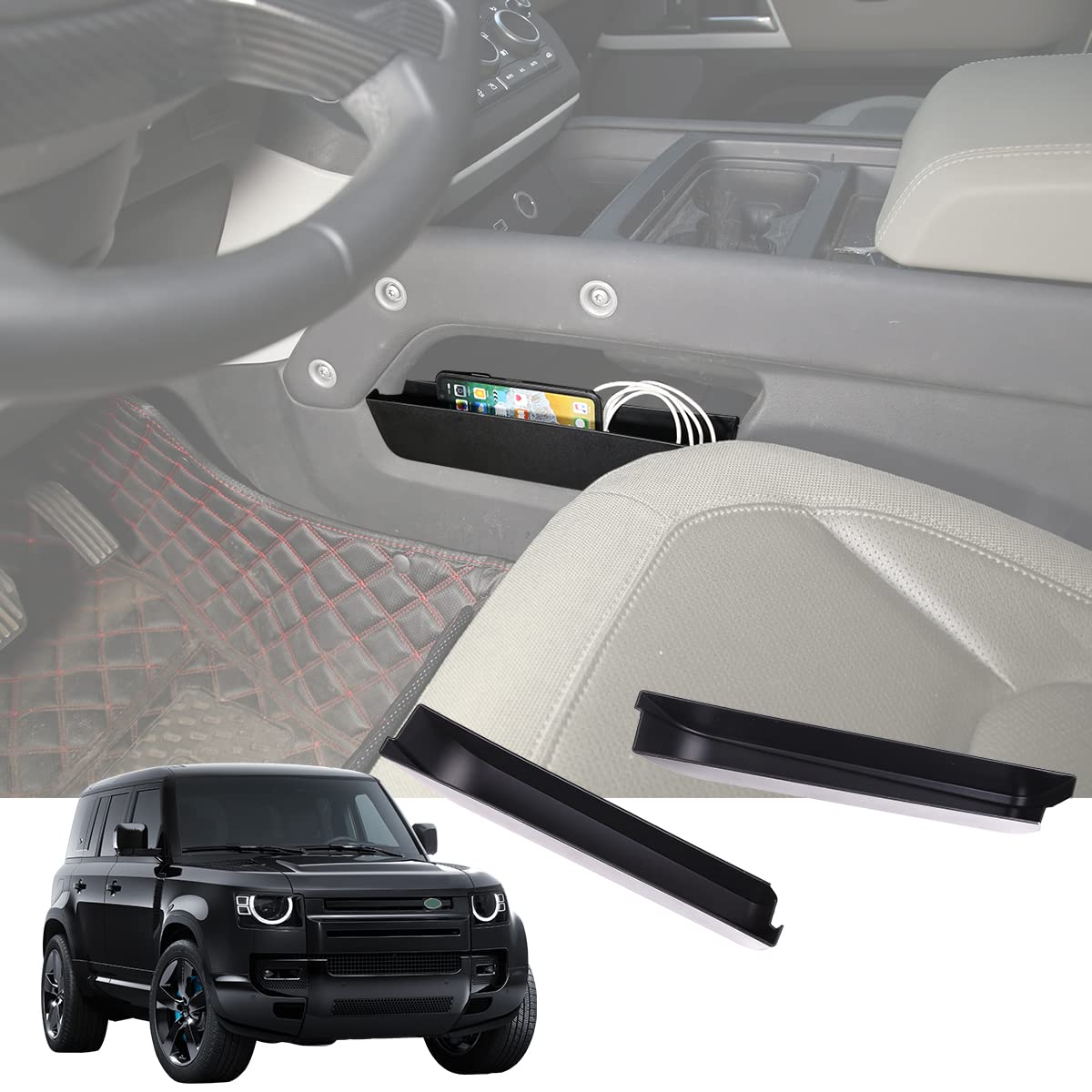 YIWANG ABS Black Car Central Storage Box for Land Rover Defender 90 & 110 (2020-2022) - Car Center Console Side Storage Box & Phone Holder - Perfect for Road Trips & Off-Road Adventures