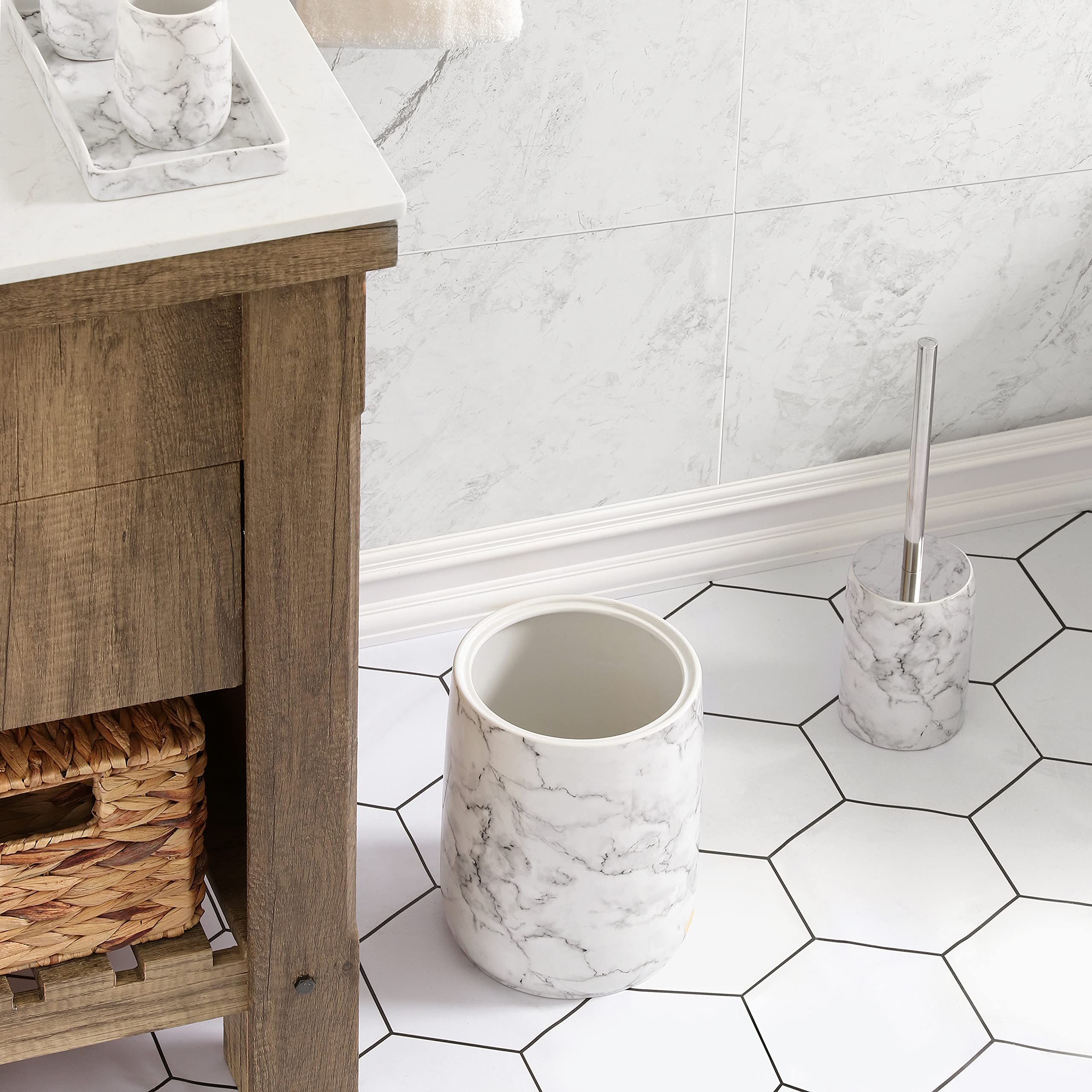 Elegant Ceramic Bathroom Trash Can with Marble Look - Decorative Wastebasket for Bathroom, Bedroom & Office - Perfect for Home, Hotel & Spa Decor