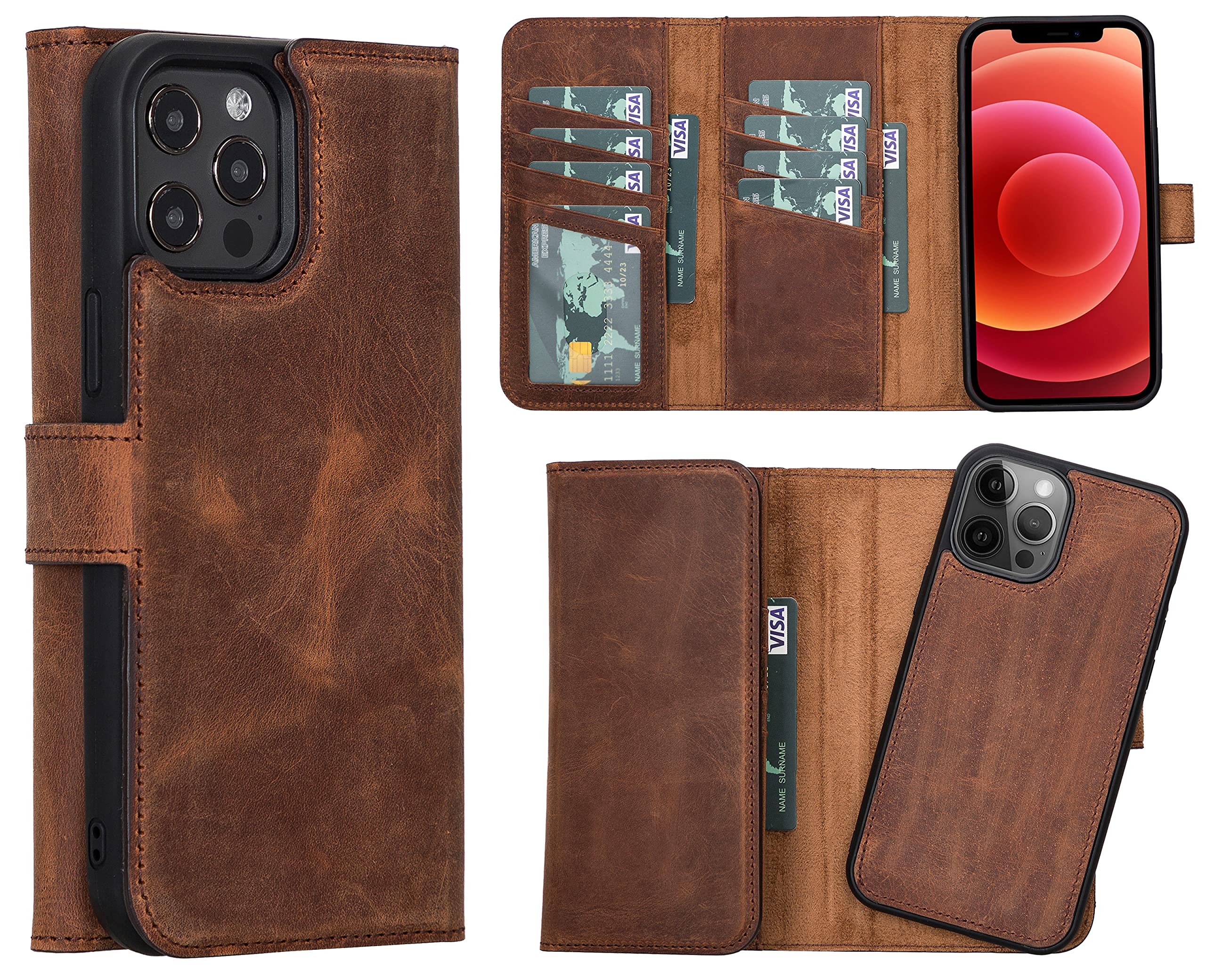 Bayelon iPhone 12 Pro Max Leather Wallet Case - Premium Full Grain Leather Trifold Design with Magnetic Detachable Wallet, Card Slots & Kickstand | Magsafe Compatible Protective Cover for iPhone 12 Pro Max (Antique Brown) | Perfect for Business Travel, Daily Commute & Hands-Free Viewing