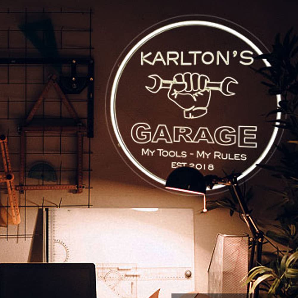 Custom Neon Garage Signs - Personalized LED Light Sign for Man Cave, Dad's Workshop & Gifts - 16x16 Inch Round Neon Decor for Home Bar, Garage Wall & Birthday Presents