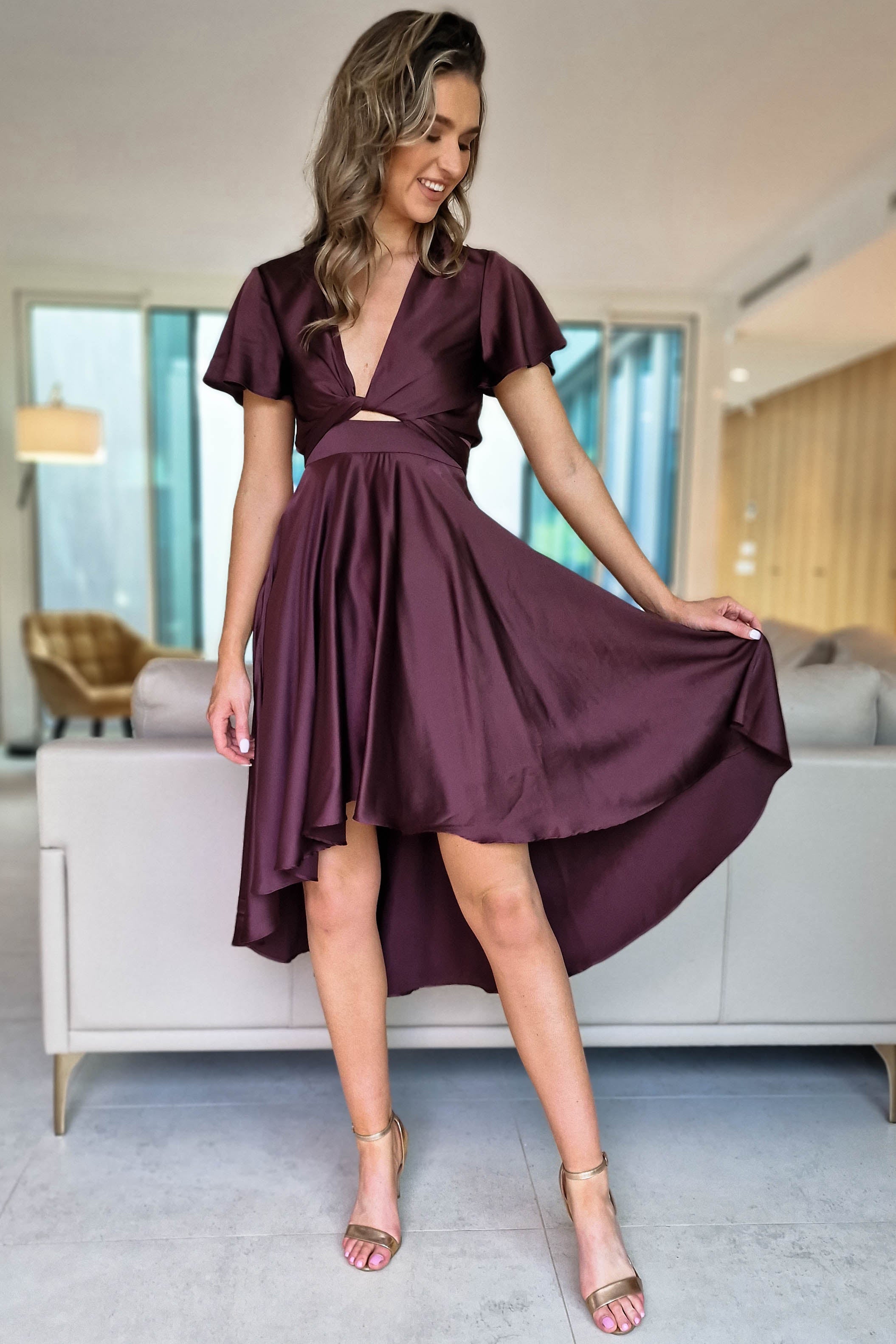 Elegant Maleri Satin Midi Dress in Chocolate Brown - Perfect for Cocktail Parties, Date Nights & Special Occasions