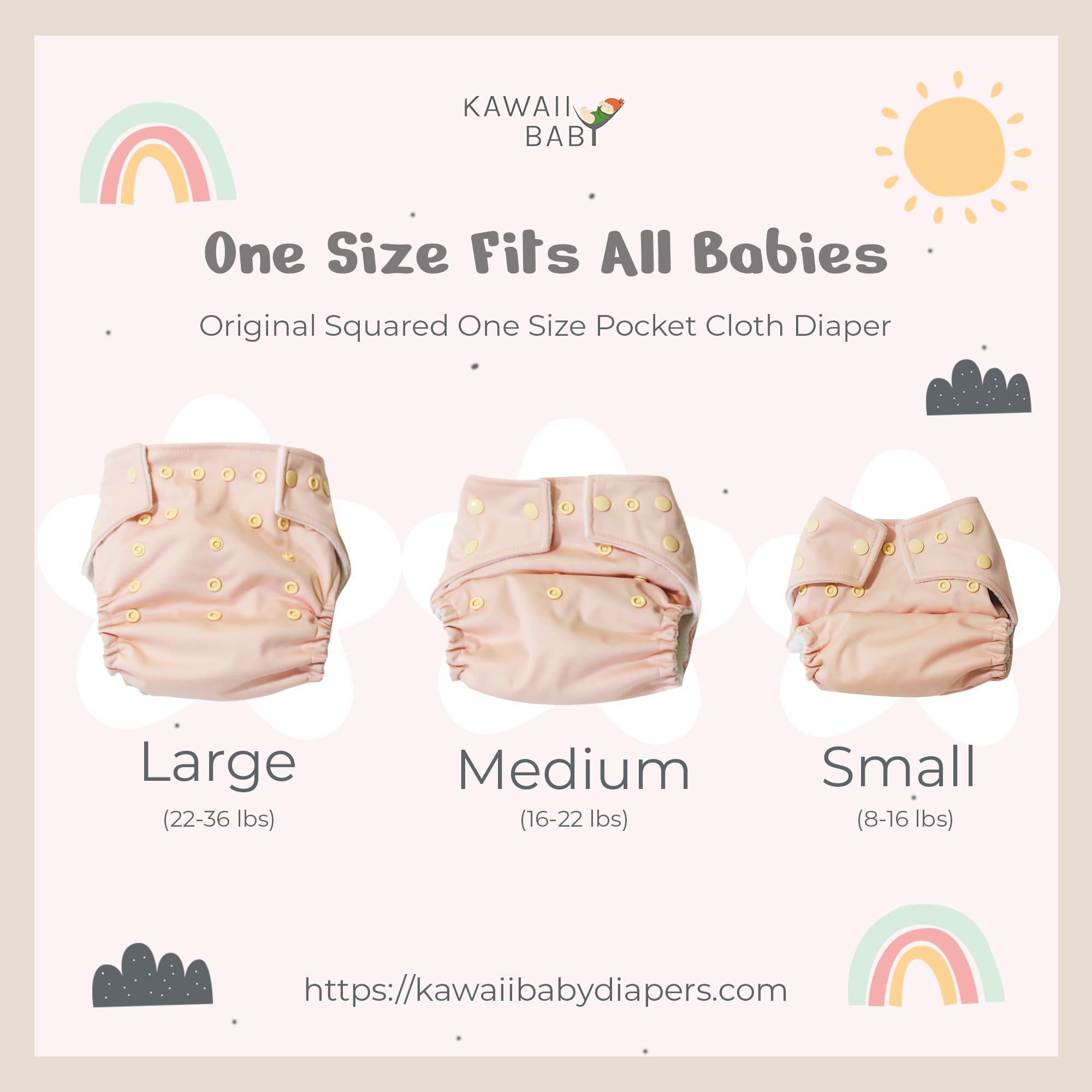 Kawaii Baby 12-Pack One Size Cloth Diapers + 24 Super Absorbent Inserts - Reusable, Double-Layer Waterproof Diapering System for Babies 8-36 lbs | Eco-Friendly, Leak-Proof for Daycare, Travel & Overnight Use