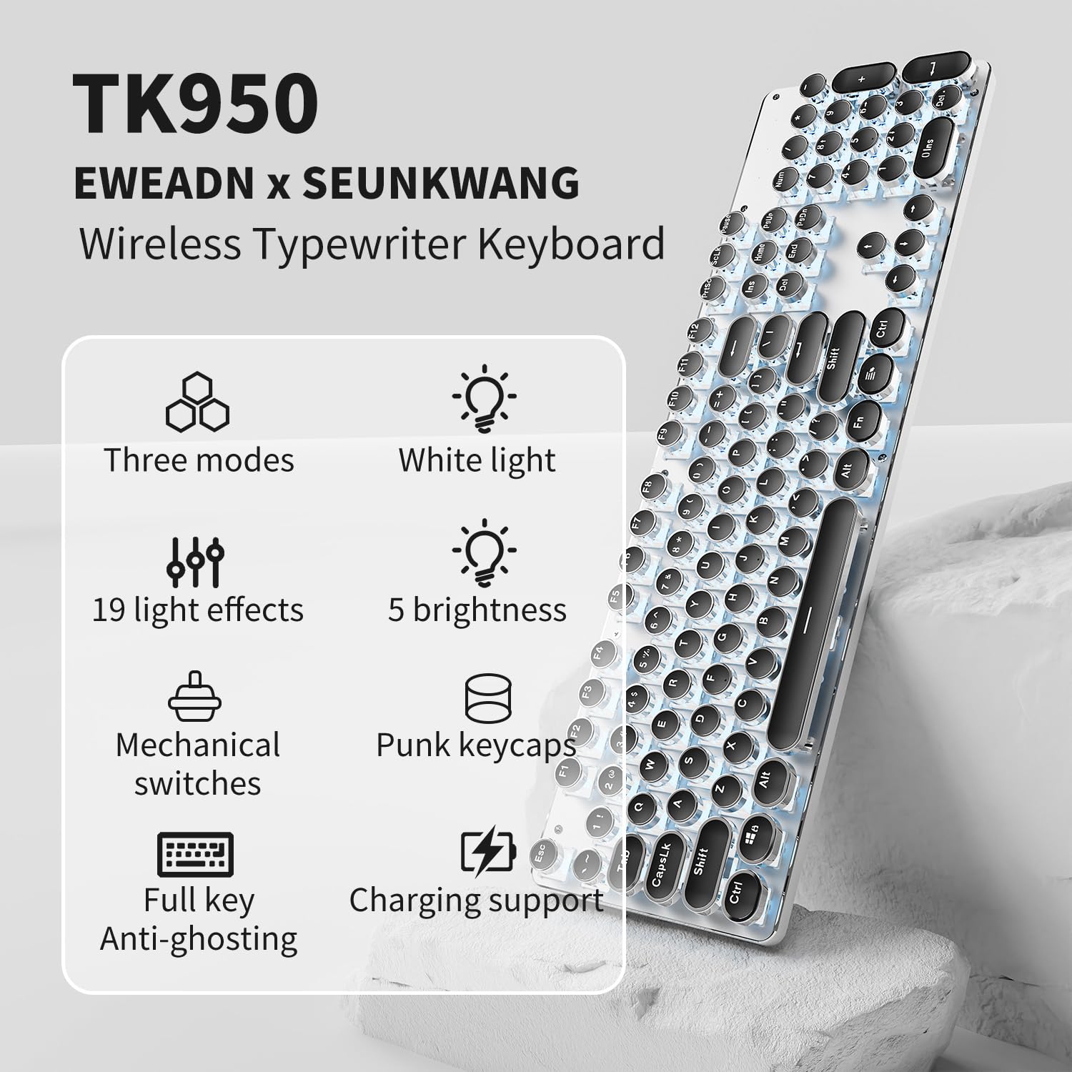 EWEADN TK950 Wireless Mechanical Keyboard - 104 Keys Retro Typewriter Design with Blue Backlit, Anti-Ghosting, Blue Switch (Bluetooth/2.4GHz/Wired) - Perfect for Typing, Gaming & Office Work - Black
