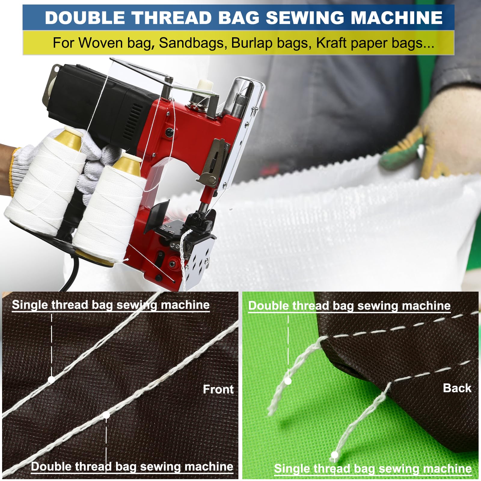 Heavy Duty Bag Sewing Machine for Burlap & Sand Bags - Industrial Bag Closing Stitcher with 2 Roll Threads - Perfect for Agriculture, Construction & Packaging Use