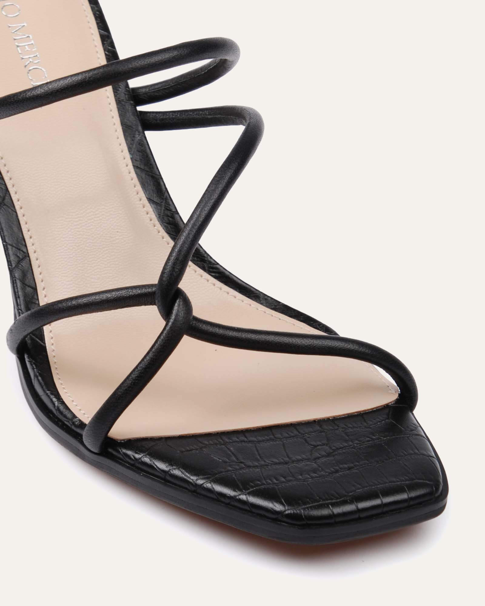 NOVI Women's Black Leather Mid Heel Sandals - Comfortable Dressy Summer Shoes for Weddings, Parties & Office Wear