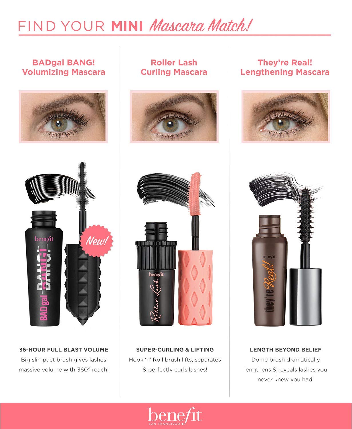 Benefit Cosmetics Mini Travel Size Mascara Trio - Roller Lash, Bad Gal Bang & They're Real - Perfect for Travel, Everyday Use & On-The-Go Touch Ups