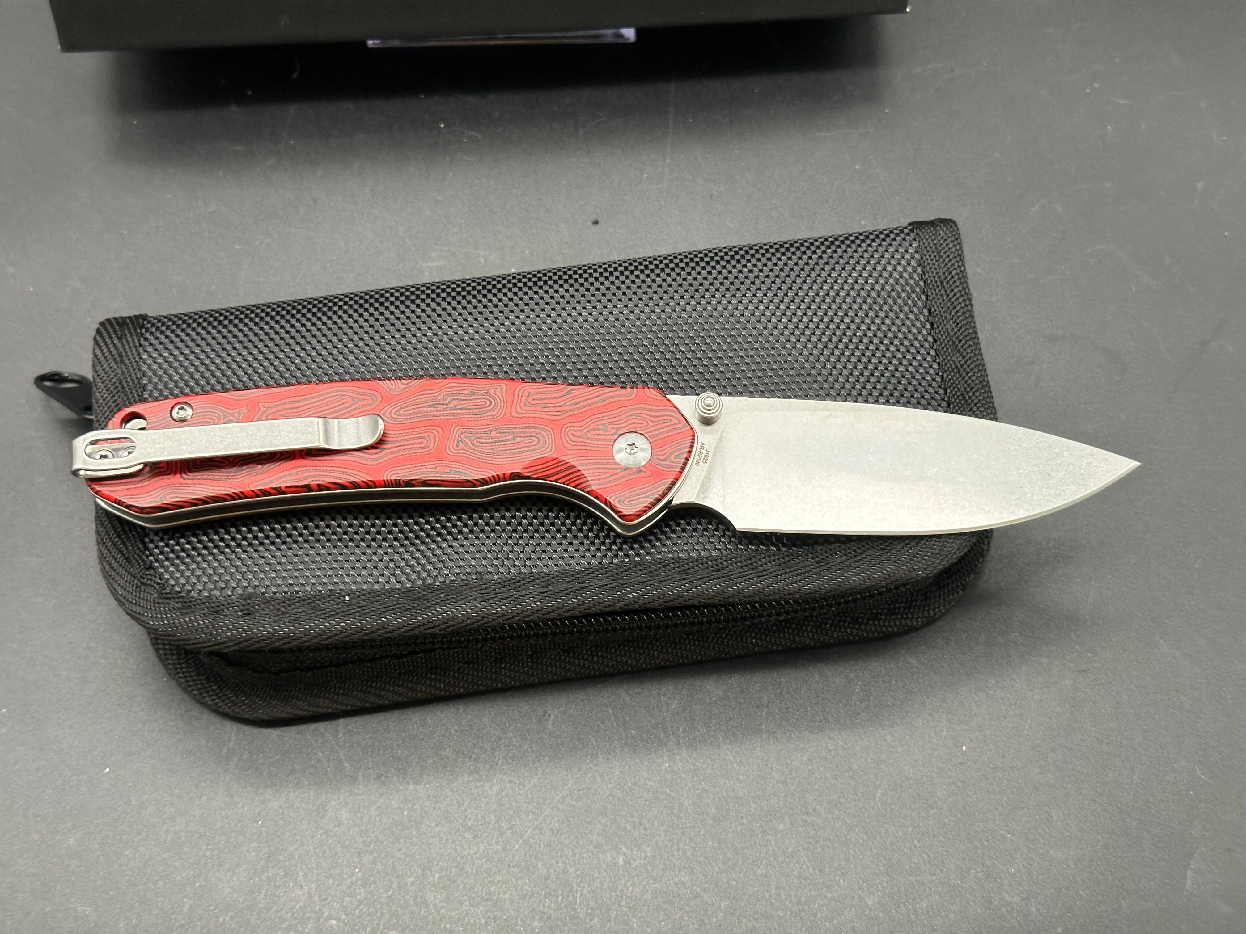 CJRB Pyrite Black & Red Damascus G10 Handle Folding Knife - AR RPM9 Steel Drop Point Plain Edge Stonewash Finish - EDC, Outdoor, Camping, Survival, and Everyday Carry