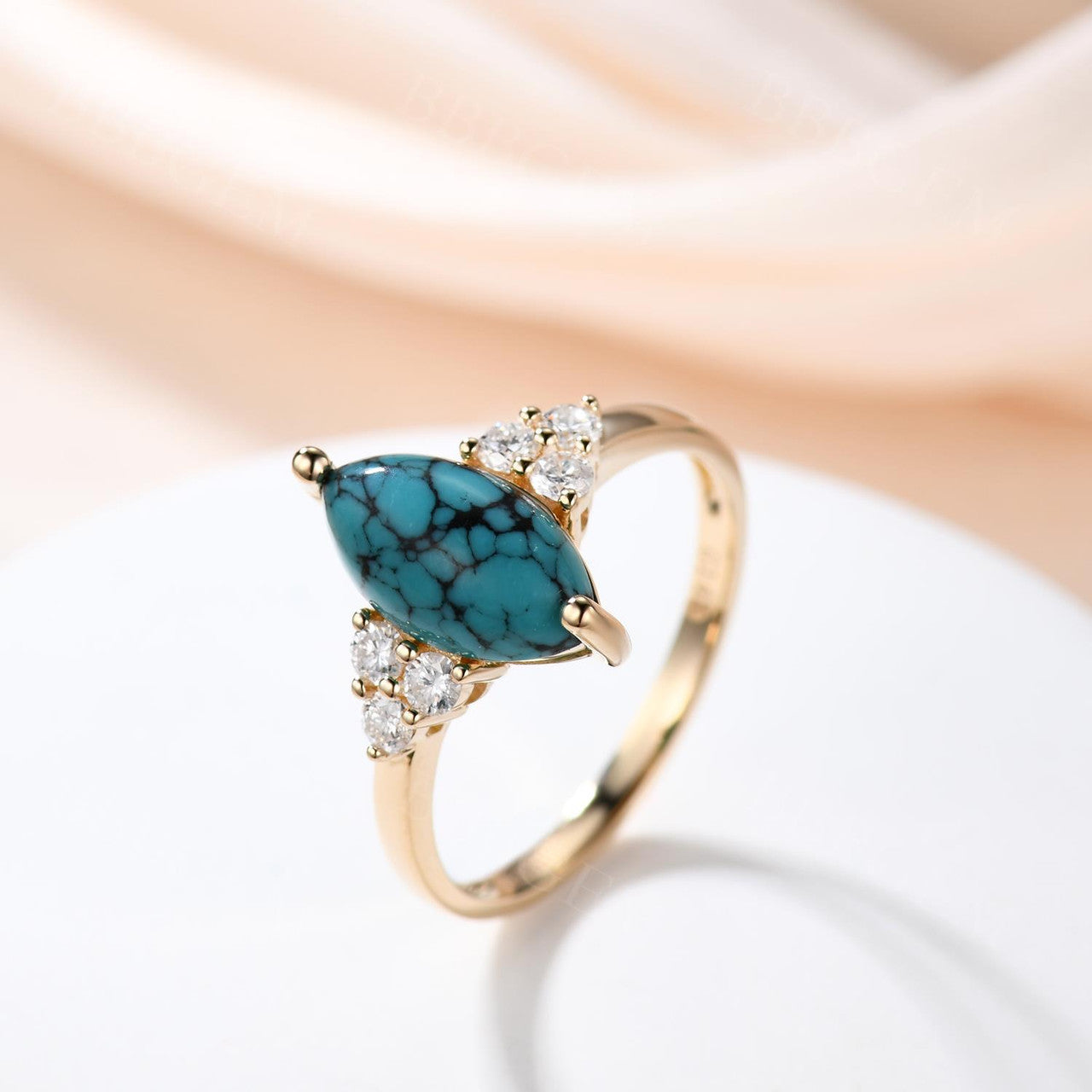 Marquise Turquoise Engagement Ring with Three Diamond Side Stones in 14k Gold Band - Perfect for Proposals, Weddings & Anniversary Gifts