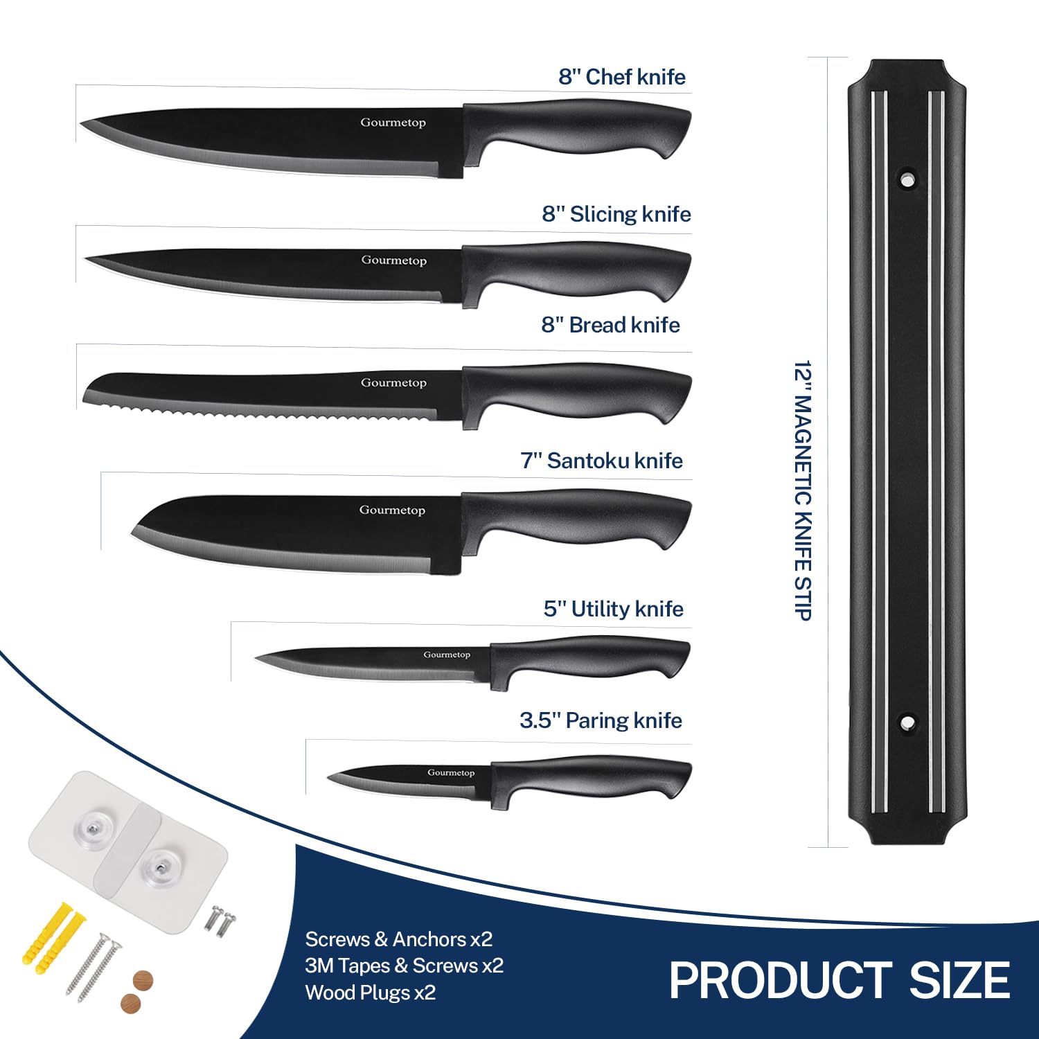 Premium 6-Piece Kitchen Knife Set with Magnetic Strip - No Drilling Required - Professional Stainless Steel Chef Knives for Meat, Vegetables & Fruits - Includes Chef Knife, Utility Knife & Paring Knife - Ideal for Home Cooking, Restaurant Use & Gift Giving