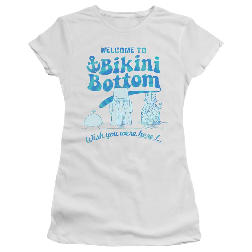 Popfunk Classic Spongebob Bikini Bottom Welcome Juniors' Sheer Fitted T-Shirt | Cartoon Graphic Tee for Girls | Casual Wear, Cosplay & Gift