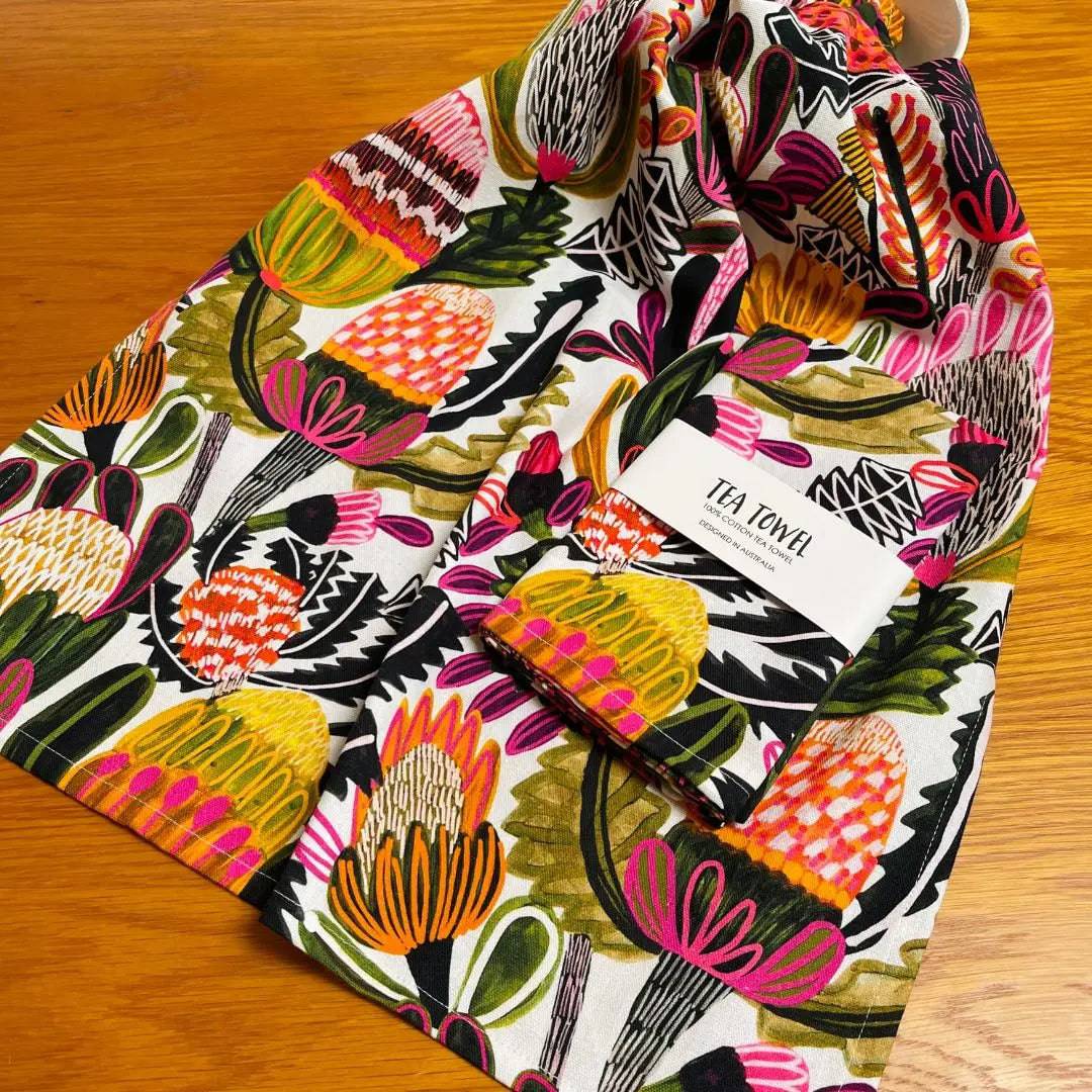 Banksias Designer Tea Towel - Premium Australian Floral Printed Kitchen Towel for Drying Dishes, Decor & Gift Giving - Perfect for Home, Cafe & Hostess Use