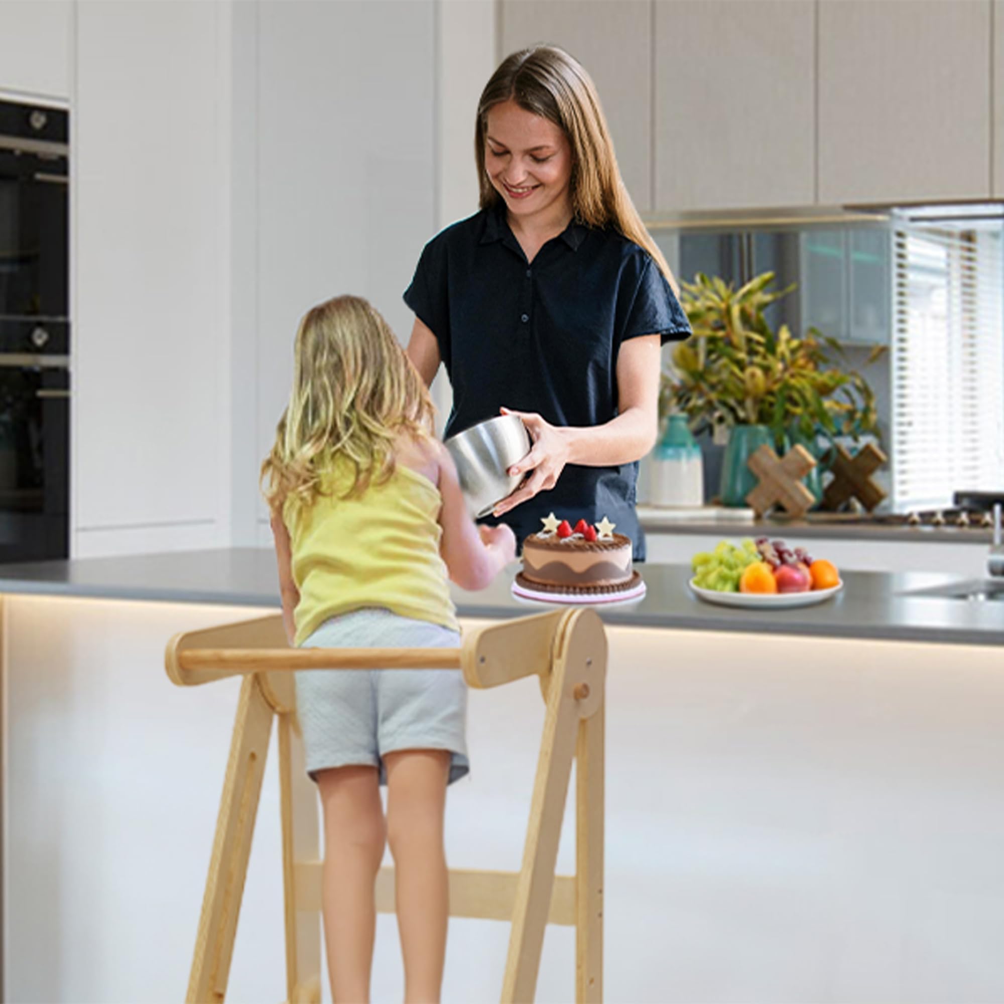Foldable Toddler Tower - Preassembled Kitchen Step Stool with 3 Adjustable Heights | Montessori Learning Tower for Kids 1-6 Years | Collapsible Standing Stool for Baking, Cooking & Play | Natural Wood Finish