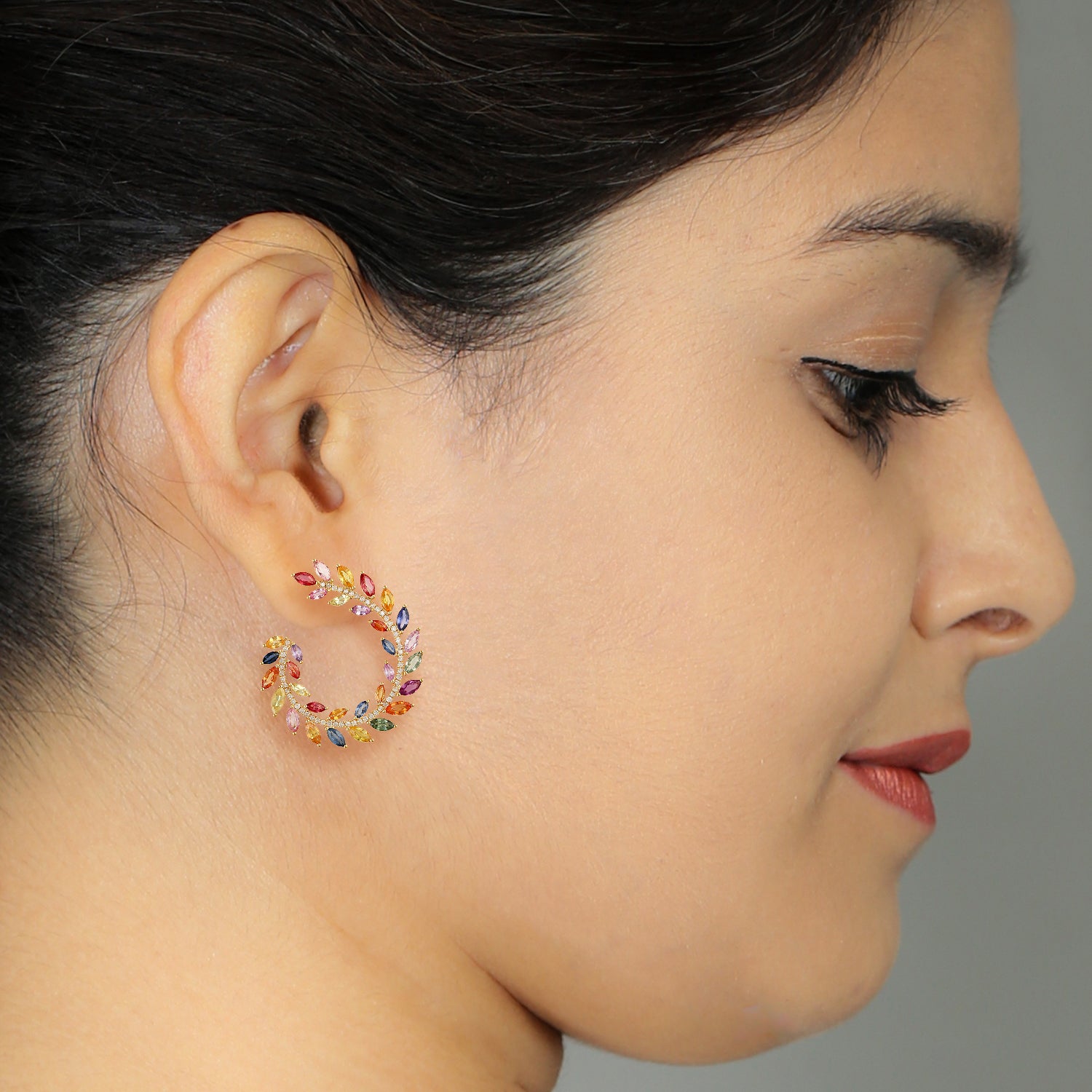 Marquise Cut Multicolor Sapphire Pave Diamond Open Hoop Earrings in 14K Gold - Elegant Jewelry for Weddings, Parties & Special Occasions