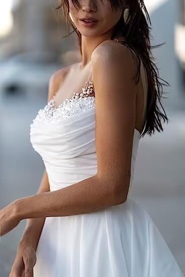 Sweetheart Neckline A-Line Wedding Dress with Pearl Embellishments - Sleeveless Ruffled Bridal Gown for Bride | Perfect for Beach Weddings, Vow Renewals & Romantic Photoshoots