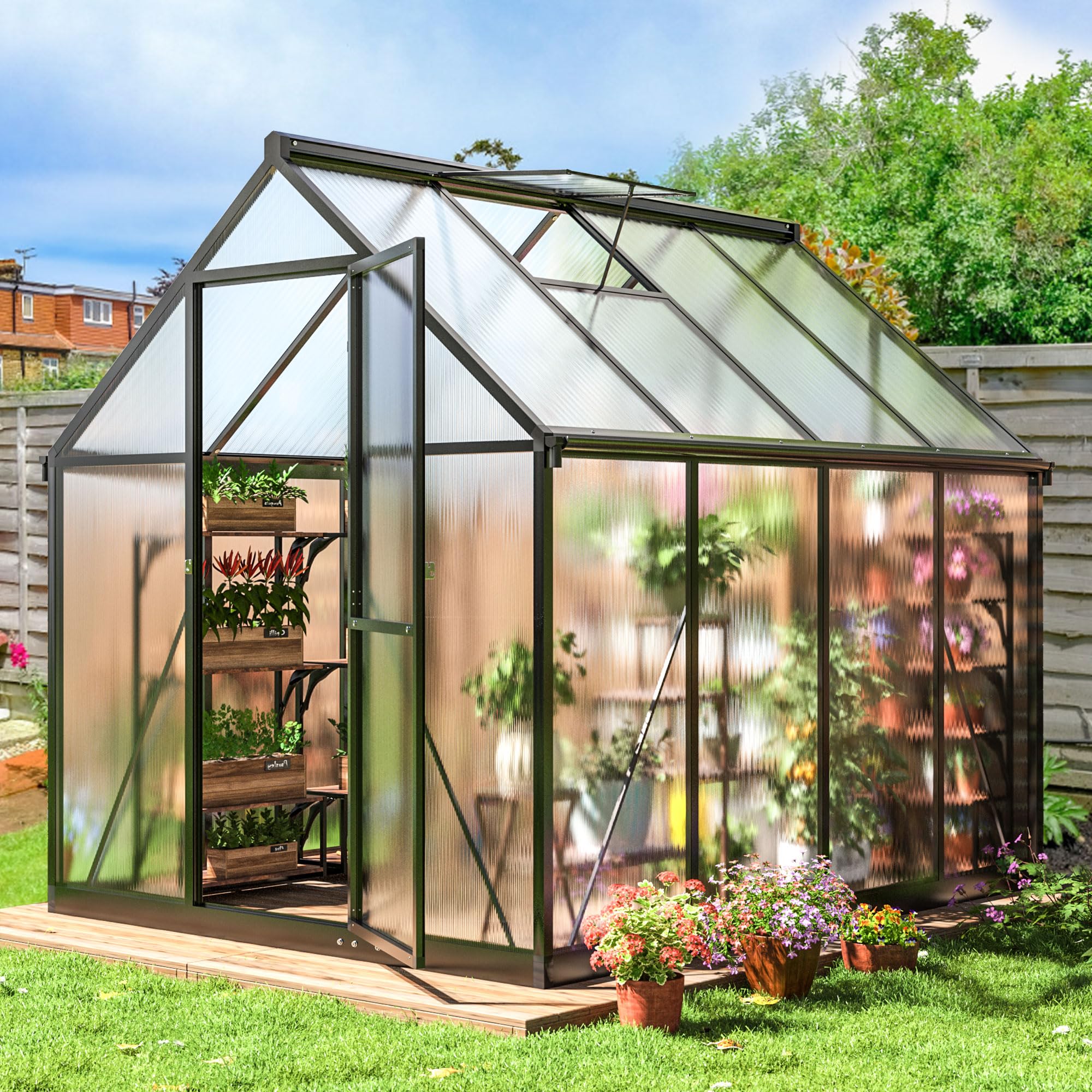 6x8 FT Polar Aurora Greenhouse - Quick Assembly Aluminum Frame with Polycarbonate Panels - Walk-in Outdoor Greenhouse with Ventilated Windows - Perfect for Backyard Gardening, Plant Growing & Home Farming