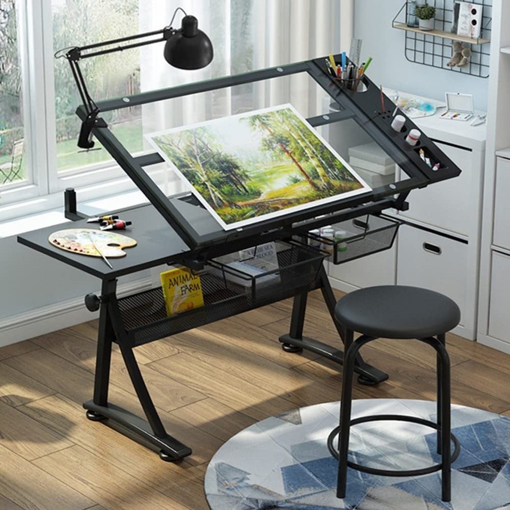 Adjustable Height Glass Top Drafting Desk with Storage - Tiltable Art & Craft Table for Home Office, Studio & Workspace - Perfect for Drawing, Painting, Writing & Design Projects