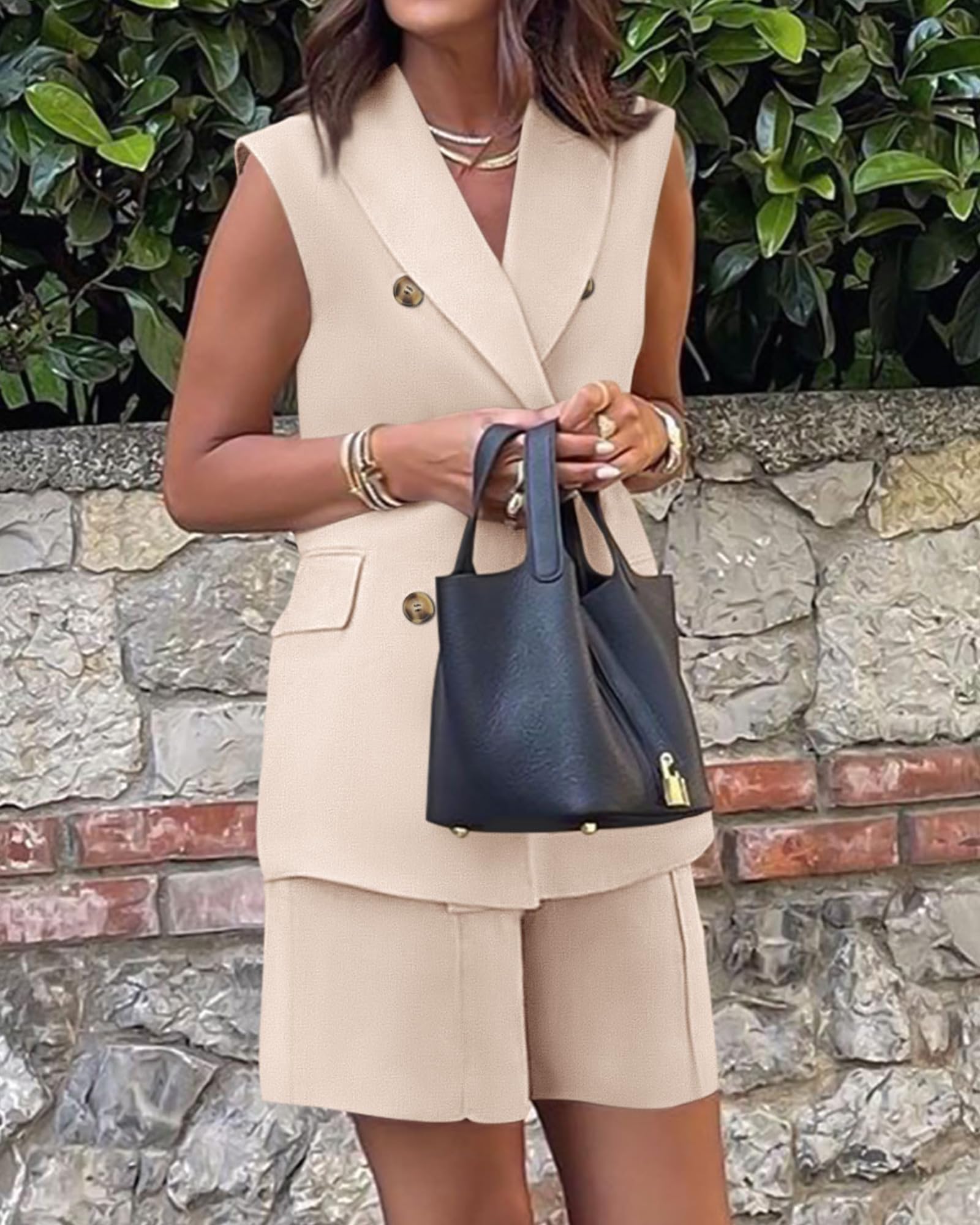 BTFBM Women's 2-Piece Blazer Vest & Shorts Set - Lapel Neck Sleeveless Button Down Office Wear for Summer | Casual Lounge Matching Outfit for Work, Travel & Date Night