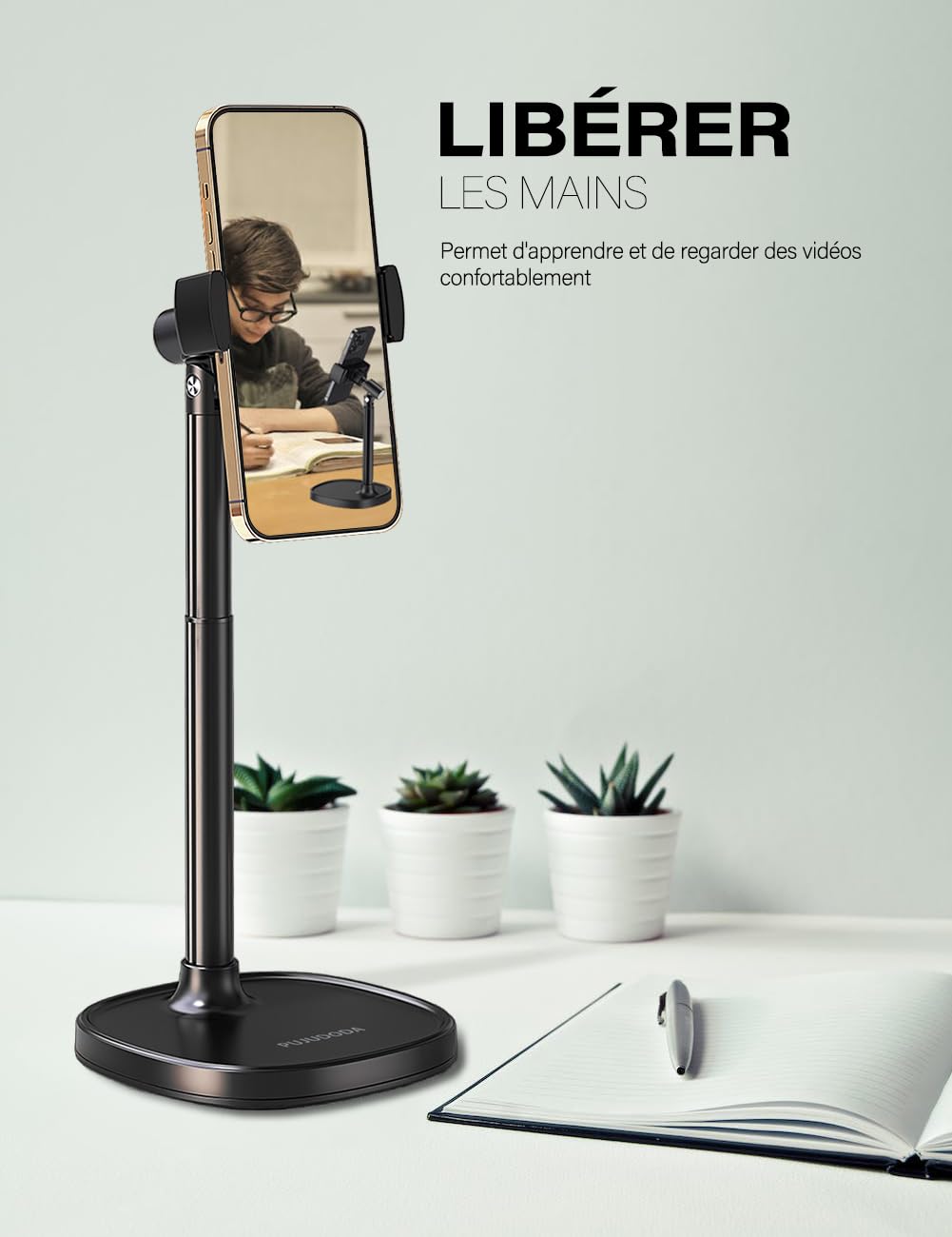 Adjustable Telescopic Phone Stand Holder for Desk - 360° Swivel & Multi-Angle Viewing - Compatible with iPhone & Android Smartphones - Perfect for Video Calls, Streaming, and Top-Down Photography