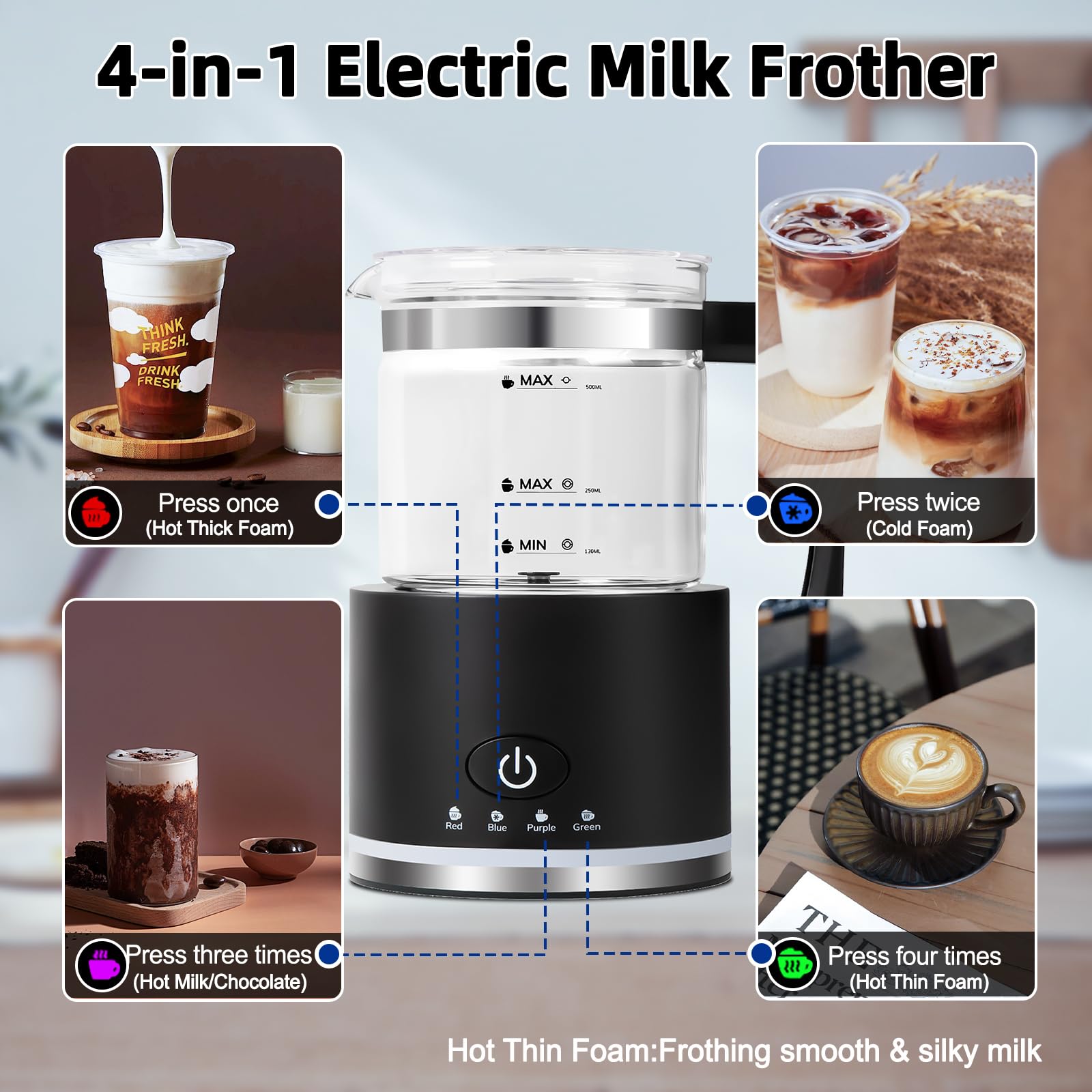 Premium 4-in-1 Electric Milk Frother & Steamer - 16.9oz/500ml Automatic Hot & Cold Foam Maker for Coffee, Latte, Cappuccino - Dishwasher Safe Milk Warmer for Hot Chocolate & Macchiato - Perfect for Home Baristas & Coffee Lovers (Black)
