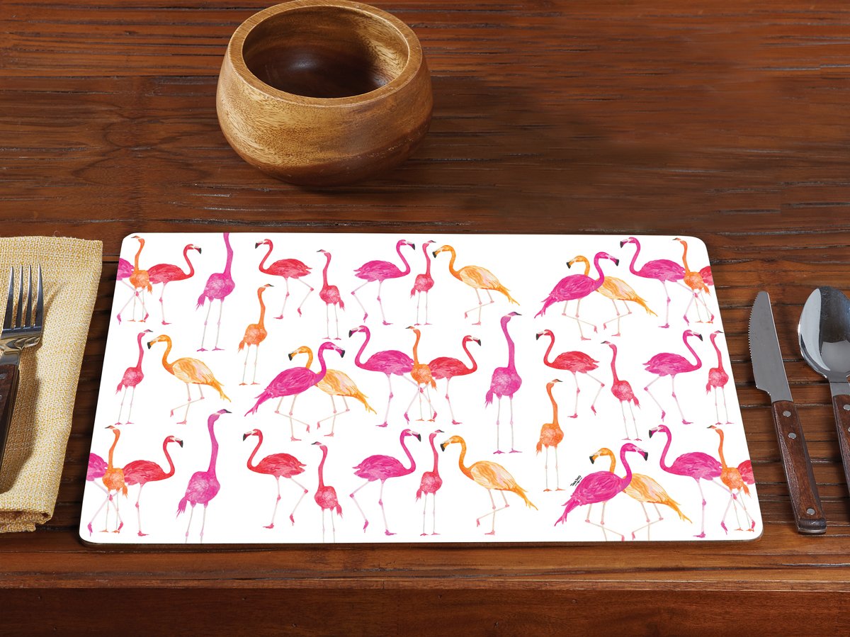 Premium Set of 2 Flamingo Print Hardboard Placemats - Tropical Themed Durable Table Mats for Dining, Kitchen Decor, and Party Settings