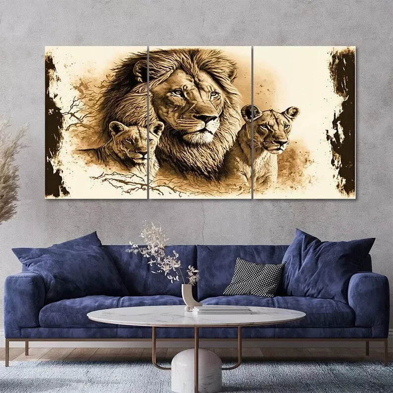 3 Piece Lion and Lioness Painting Style Canvas Wall Art - 40x60cm Framed High Quality Print | 100% Australian Made | Ready to Hang | Perfect for Living Room, Bedroom, or Office Decor