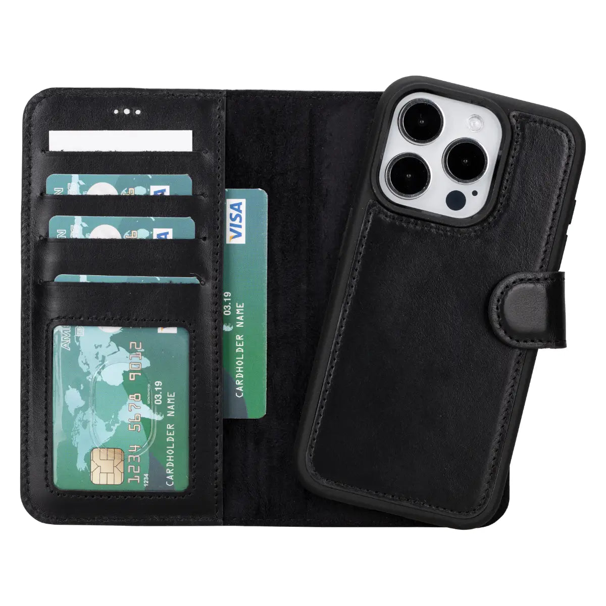 Premium Black Leather Wallet Case for iPhone 15 Pro - Slim RFID Blocking Phone Cover with Card Slots | Perfect for Everyday Use, Travel & Business Meetings