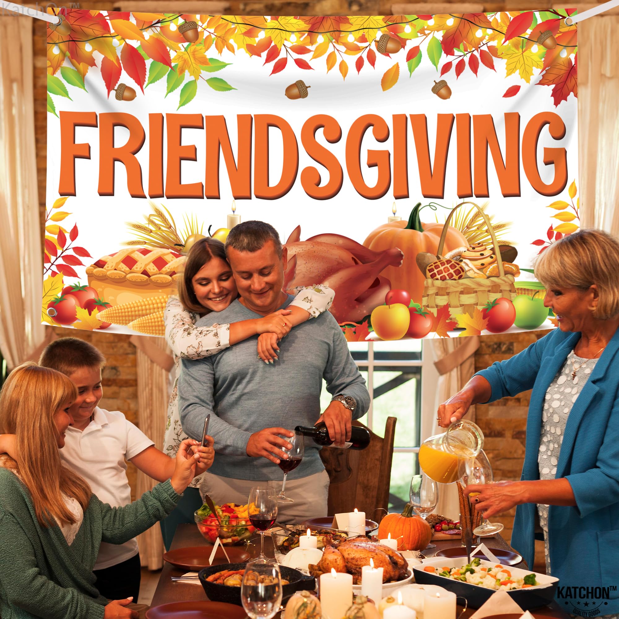 KatchOn Extra Large Friendsgiving Backdrop - 72x44 Inch, Happy Friendsgiving Banner for Party Decorations | Perfect for Friendsgiving Photo Booth, Thanksgiving Gatherings & Holiday Celebrations