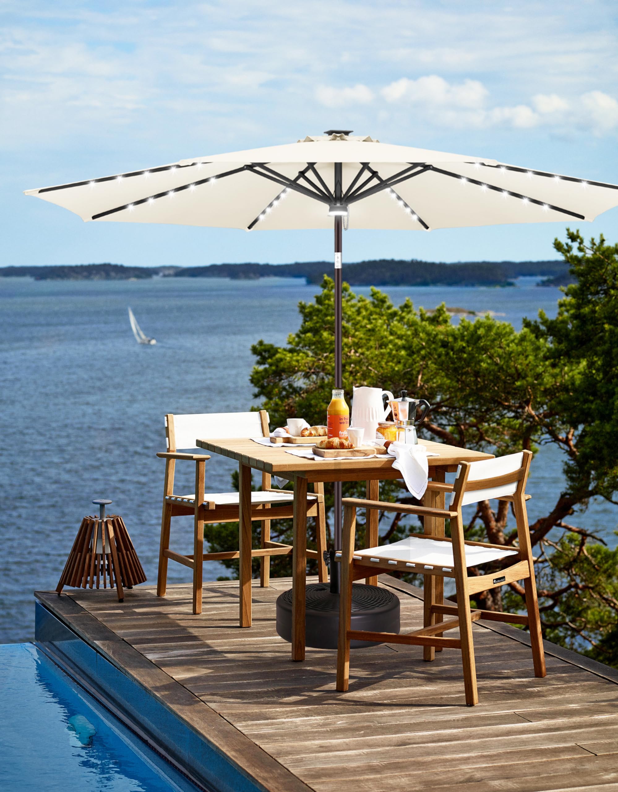 9 ft Solar Powered LED Patio Umbrella with 40 Energy-Saving Lights - Waterproof Outdoor Market Umbrella for Garden, Poolside, Backyard & Beach - Ivory