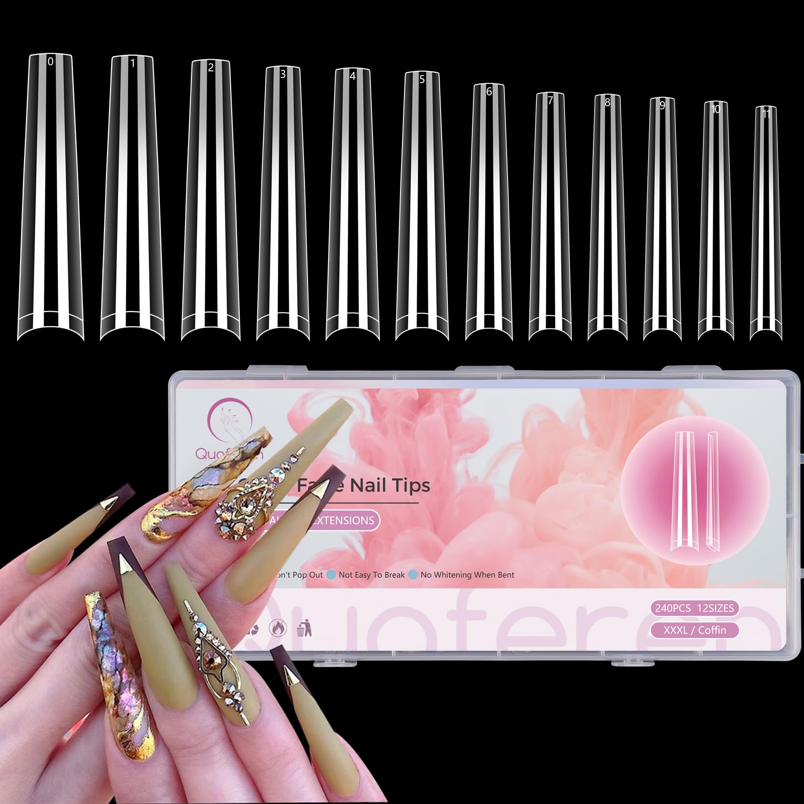 240Pcs Clear Coffin Nail Tips - Extra Long Fake Nails for Acrylic Extensions | Professional Half Cover Nail Tips for Salon & DIY Manicure | 12 Sizes for Women & Nail Art Enthusiasts | Perfect for Parties, Weddings & Special Occasions