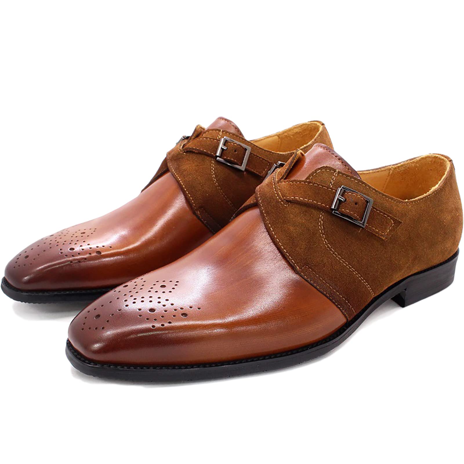 Men's Oxford Dress Shoes - Buckle Slip On Monk Strap Leather Shoes | Non-Slip Brogues for Wedding & Office | Brown Size 39 | Classic Formal & Business Attire