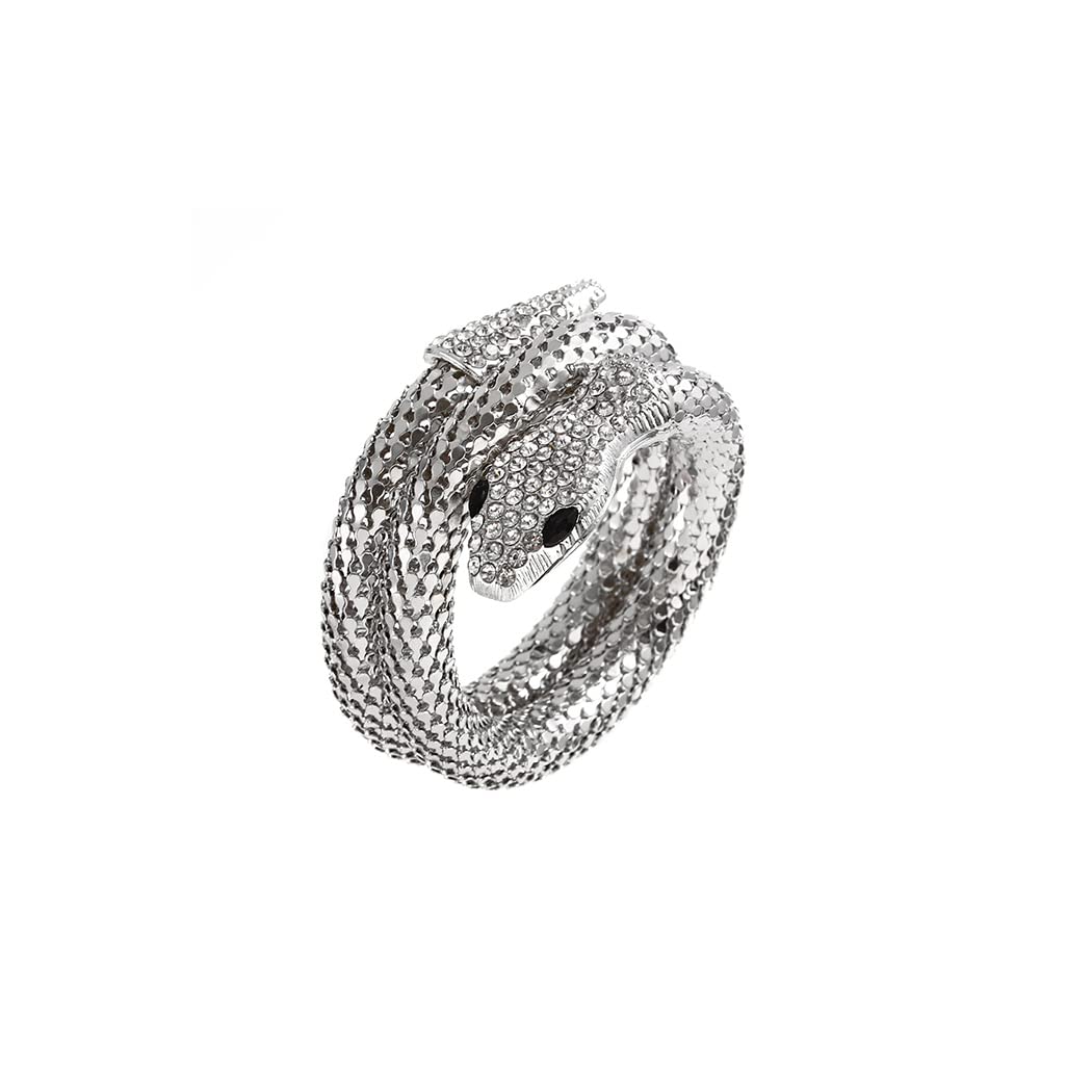 Urieo Punk Snake Bracelet for Women - Silver Crystal Stretch Bracelet with Curved Rhinestones | Gothic Jewelry for Parties, Concerts & Night Out
