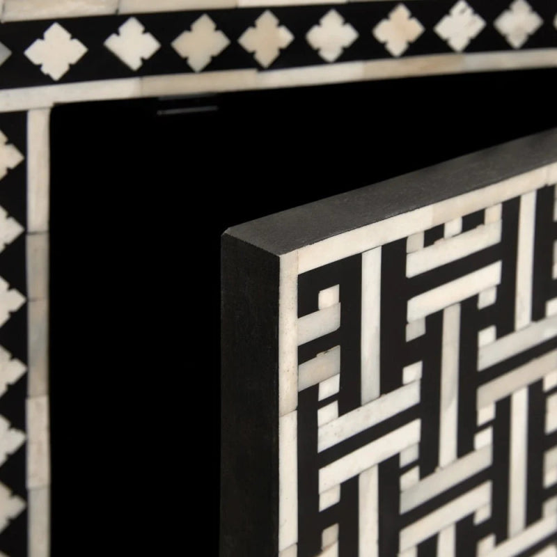 Handmade Bone Inlay 3-Door Sideboard Cabinet - Black & White Buffet Table for Dining Room Storage & Home Decor