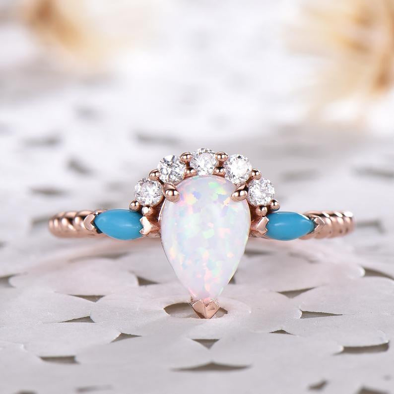 Vintage Art Deco Rose Gold Pear Shaped Opal Engagement Ring with CZ Diamond & Turquoise Accents – Elegant Bridal Jewelry for Women, Wedding, Promise, Anniversary Gift – Perfect for Proposals, Romantic Occasions & Special Celebrations