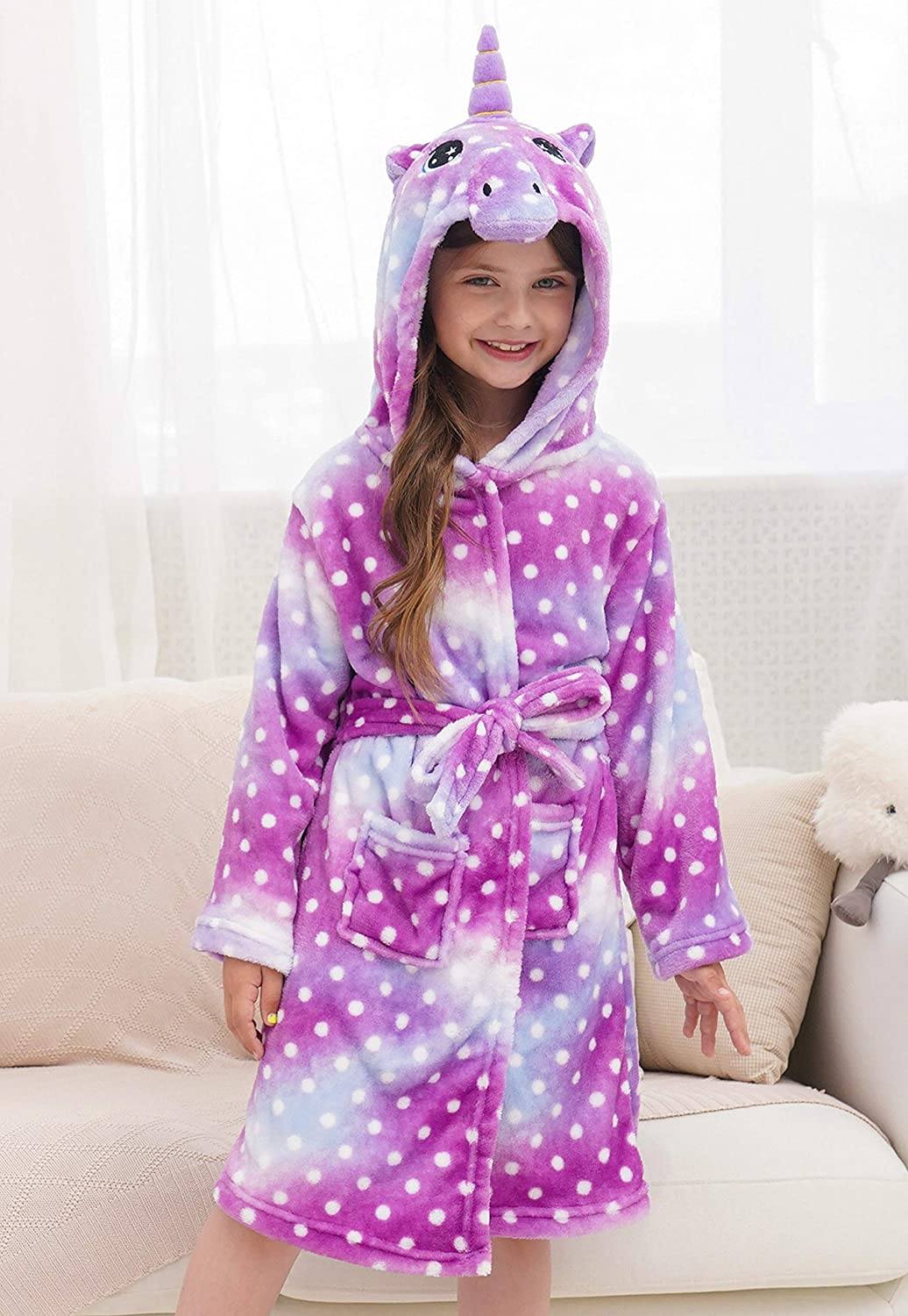 Soft & Cozy Unicorn Dots Bathrobe for Women & Girls - Plush Fleece Robe with Hood for Spa, Lounge & Relaxation at Home