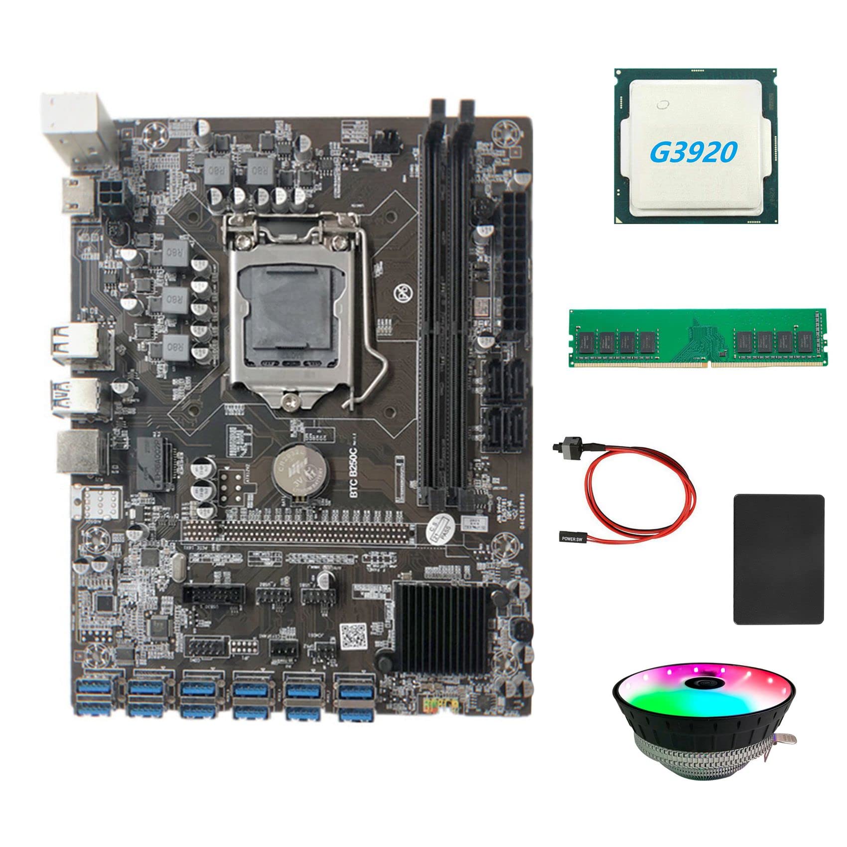 Flisdtry B250C BTC Motherboard Bundle - Intel G3920/G3930 CPU, RGB Fan, 4GB DDR4 2666MHz RAM, 128GB SSD, 12X PCIE to USB3.0 GPU Switch Cable - Perfect for Cryptocurrency Mining & Gaming PC Builds