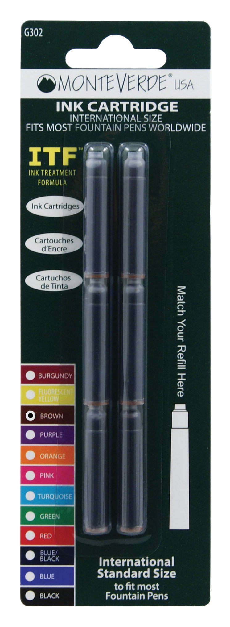 Monteverde International Standard Fountain Pen Ink Cartridges - Brown (6 Pack, G302BN) | Compatible with Most Fountain Pens for Smooth Writing at Home, Office & School