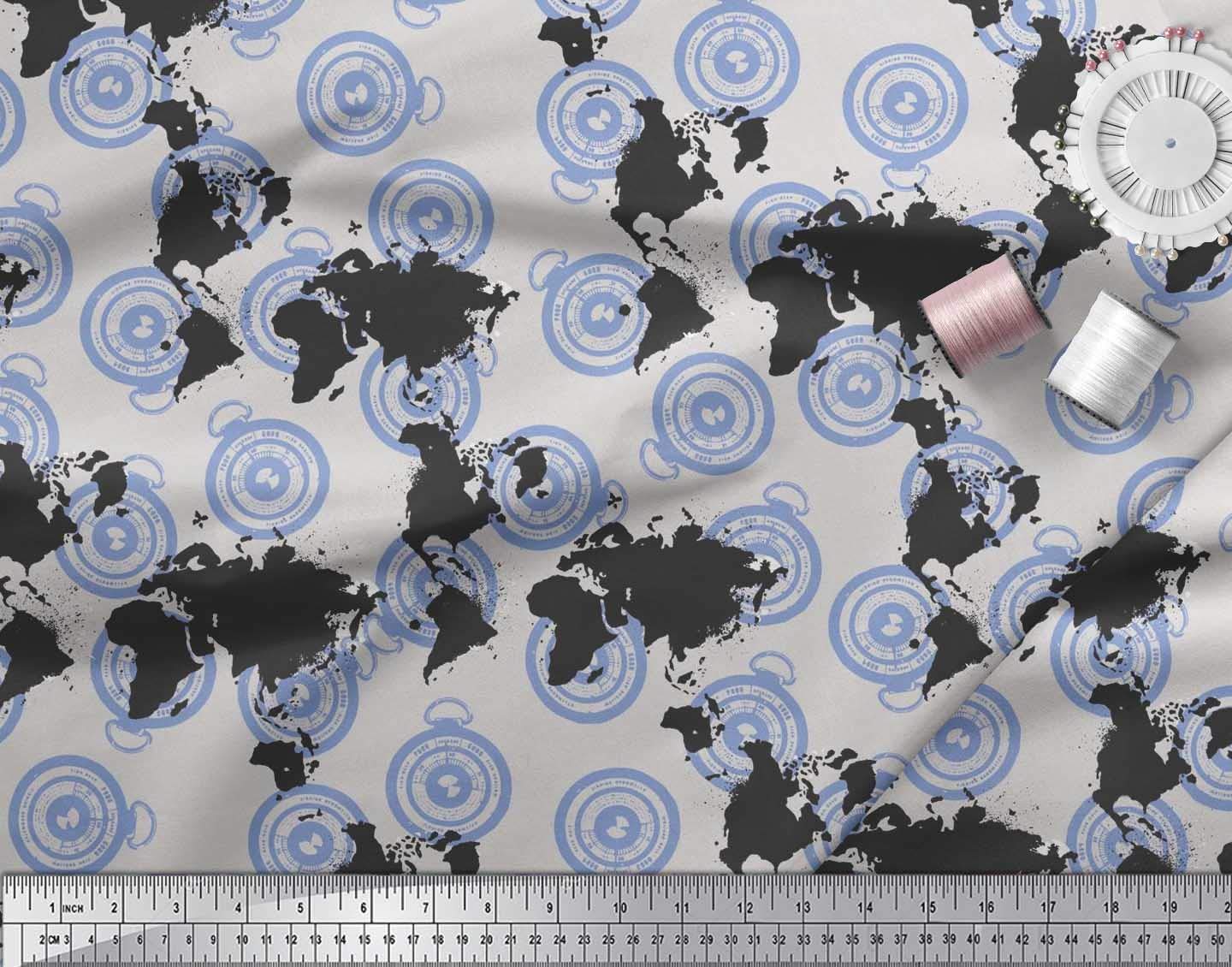 Soimoi Blue Poly Georgette Fabric by The Yard - 52 Inch Wide - Direction Compass & World Map Printed Cloth for Fashion, Home Decor, and DIY Projects - Perfect for Dresses, Curtains, and Crafting